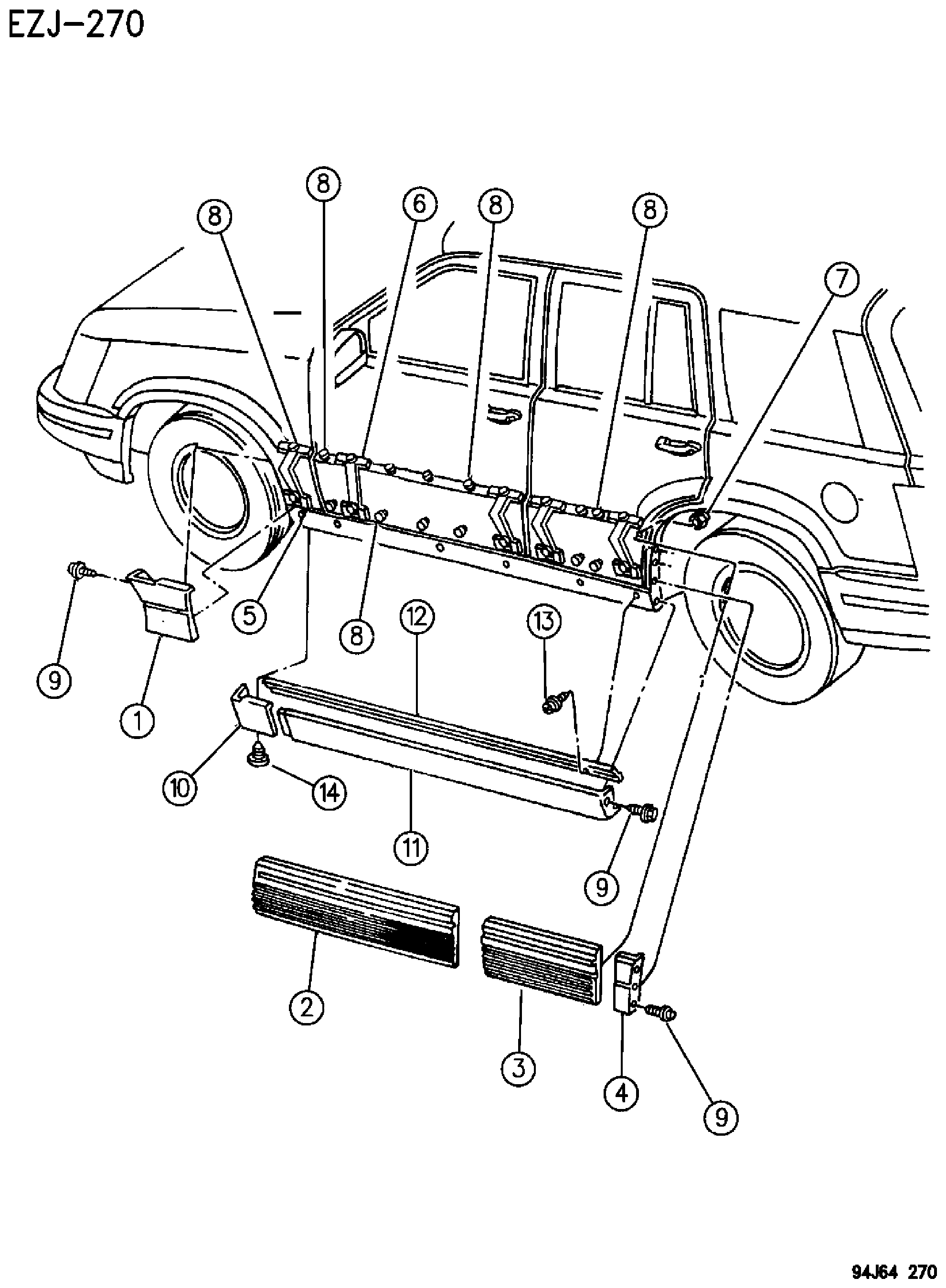 Exploded view: CLADDING AND SILL MOULDINGS LAREDO AND LIMITED ZJ, ZG BODY