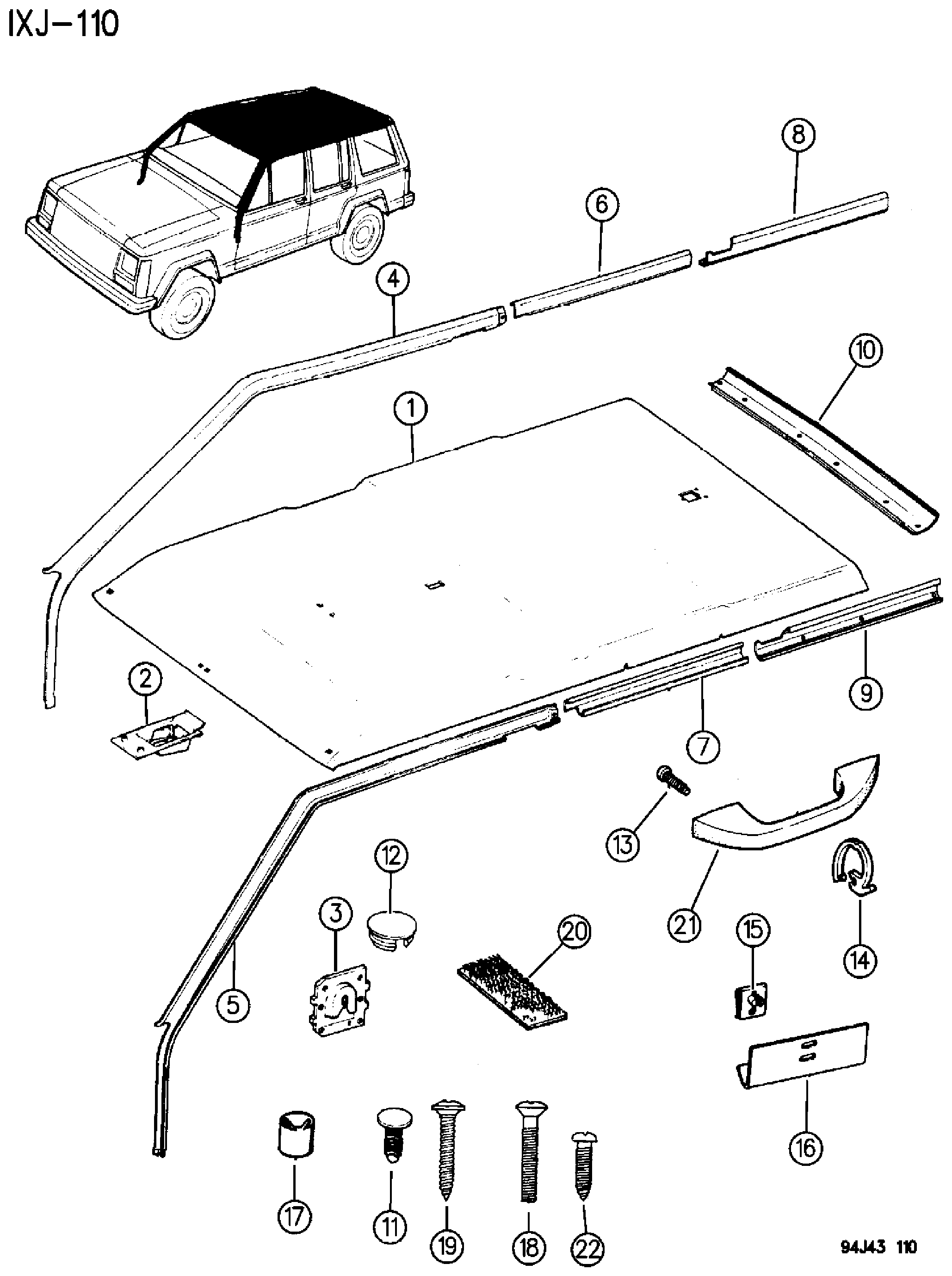 Exploded view: HEADLINER AND UPPER TRIM MOULDINGS CHEROKEE