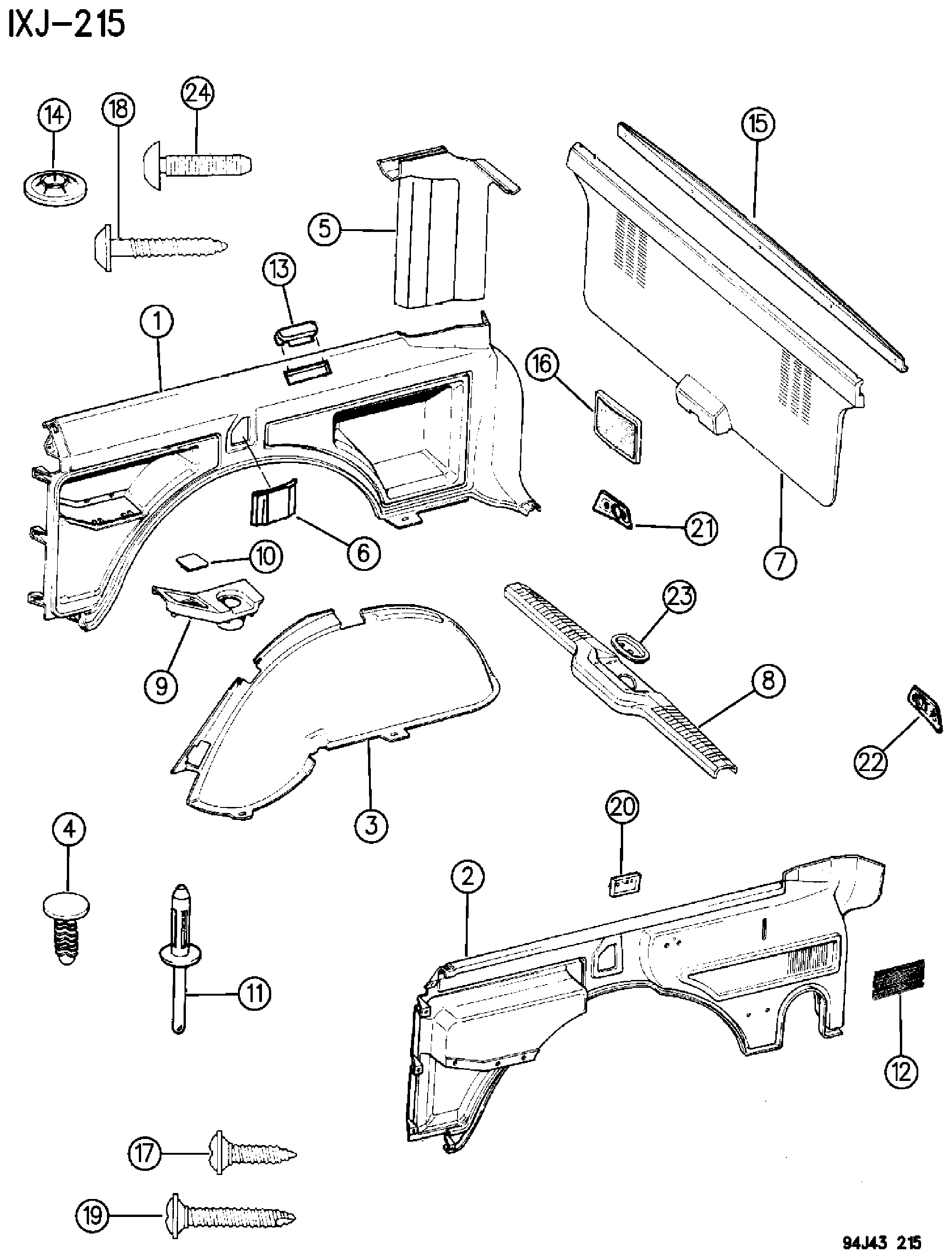 Exploded view: PANELS, INTERIOR TRIM, REAR CHEROKEE 2 DOOR
