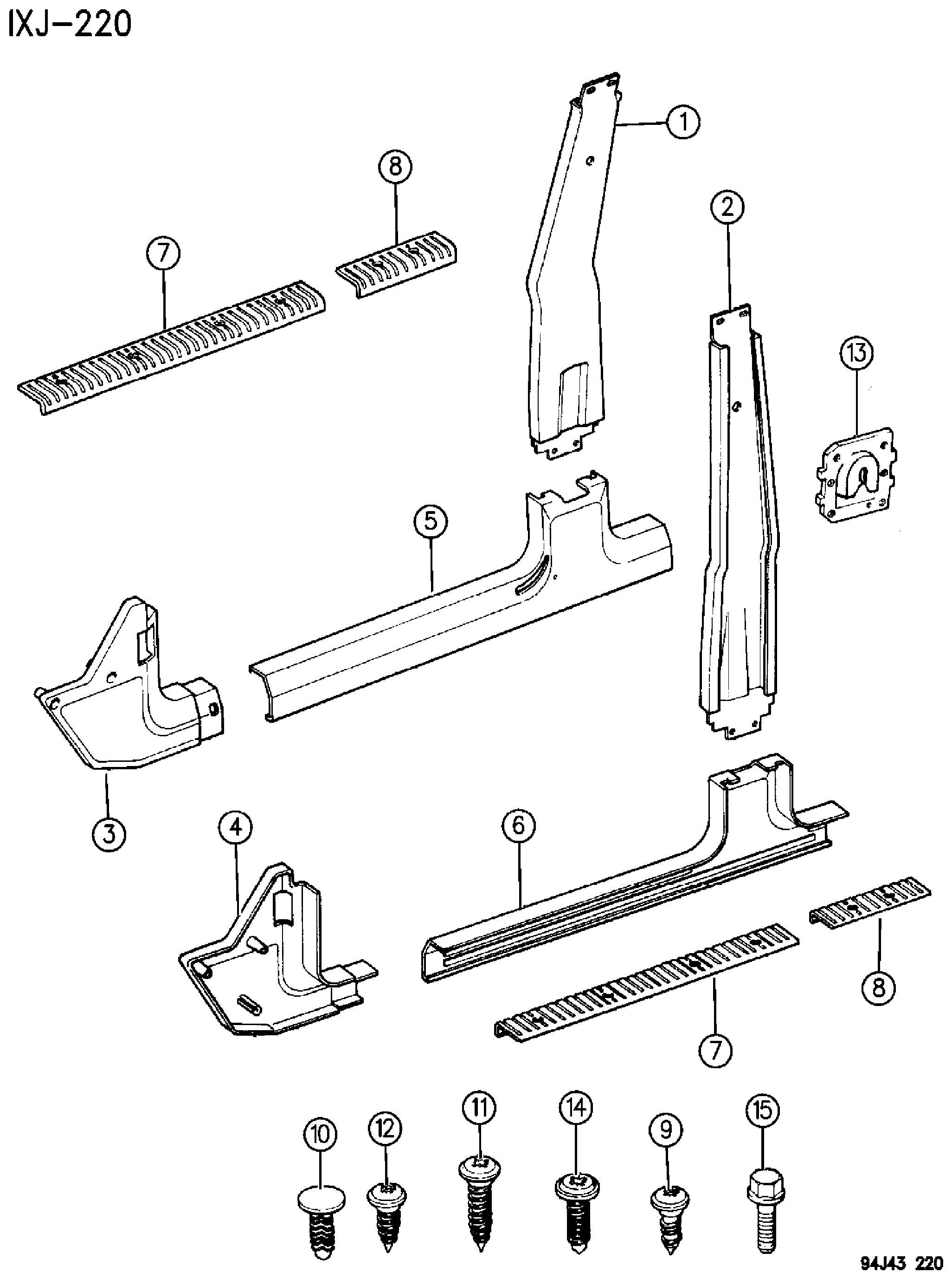 Exploded view: PANELS, INTERIOR TRIM, FRONT CHEROKEE 4 DOOR
