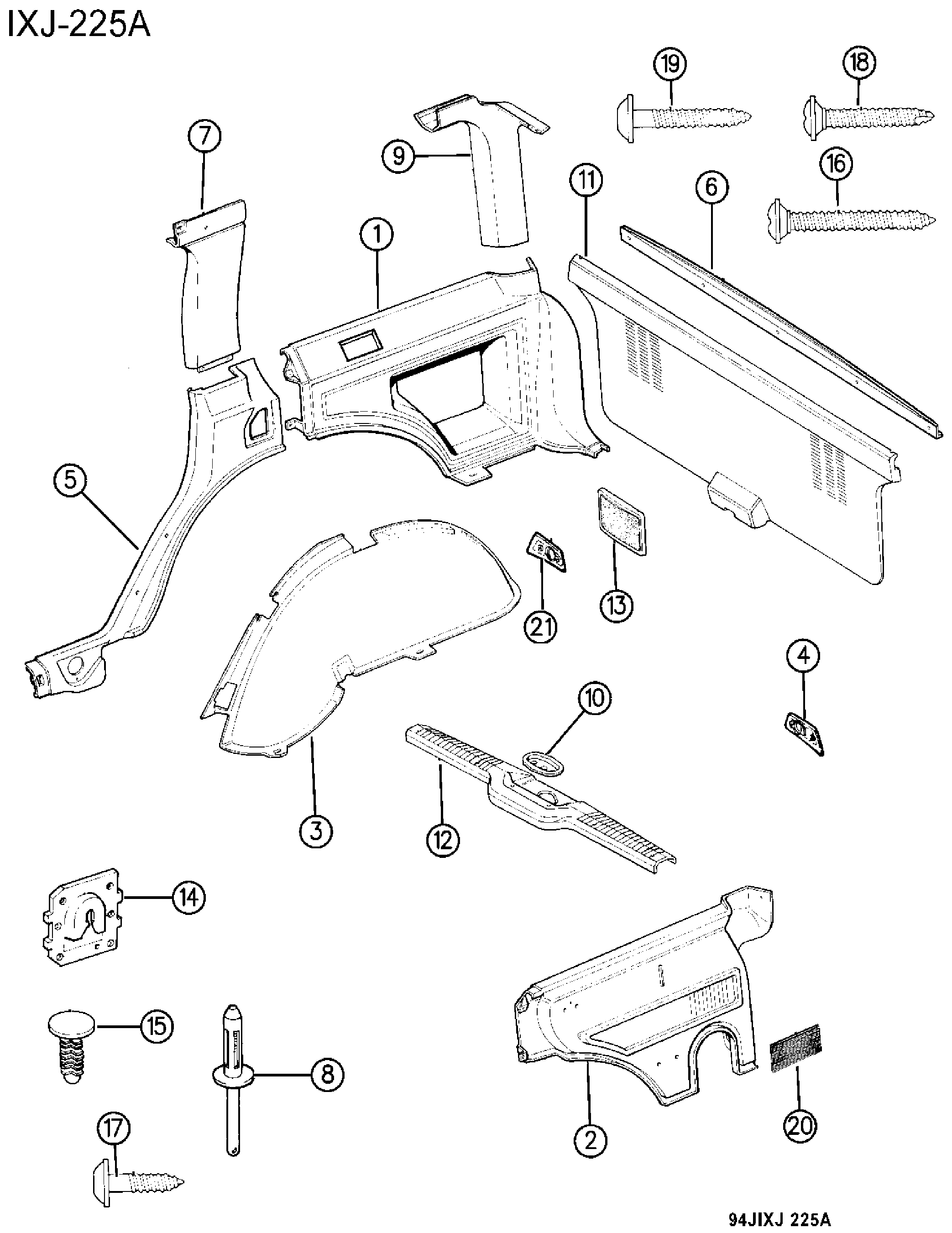 Exploded view: PANELS, INTERIOR TRIM, REAR CHEROKEE 4 DOOR