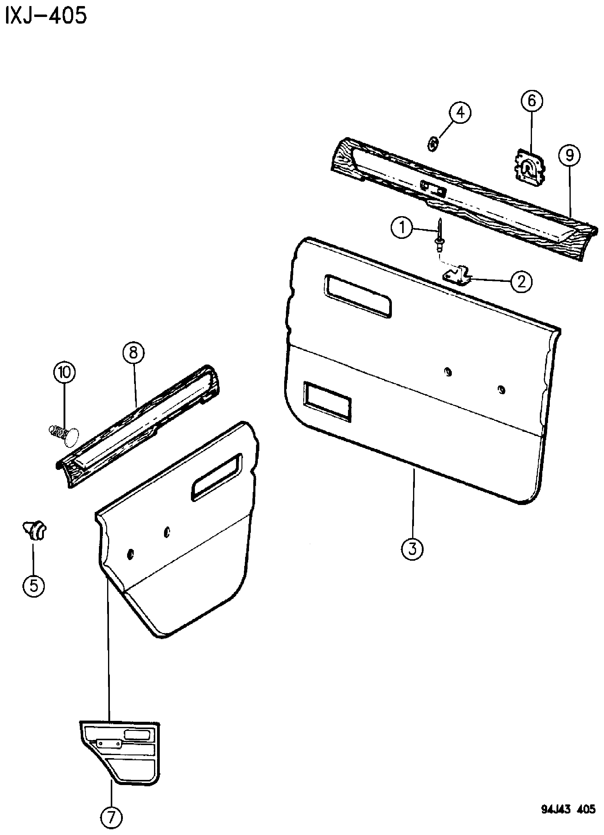 Exploded view: PANELS, DOOR TRIM TYPE 1 (WITH UPPER GARNISH MOULDINGS) CHEROKEE 4 DOOR