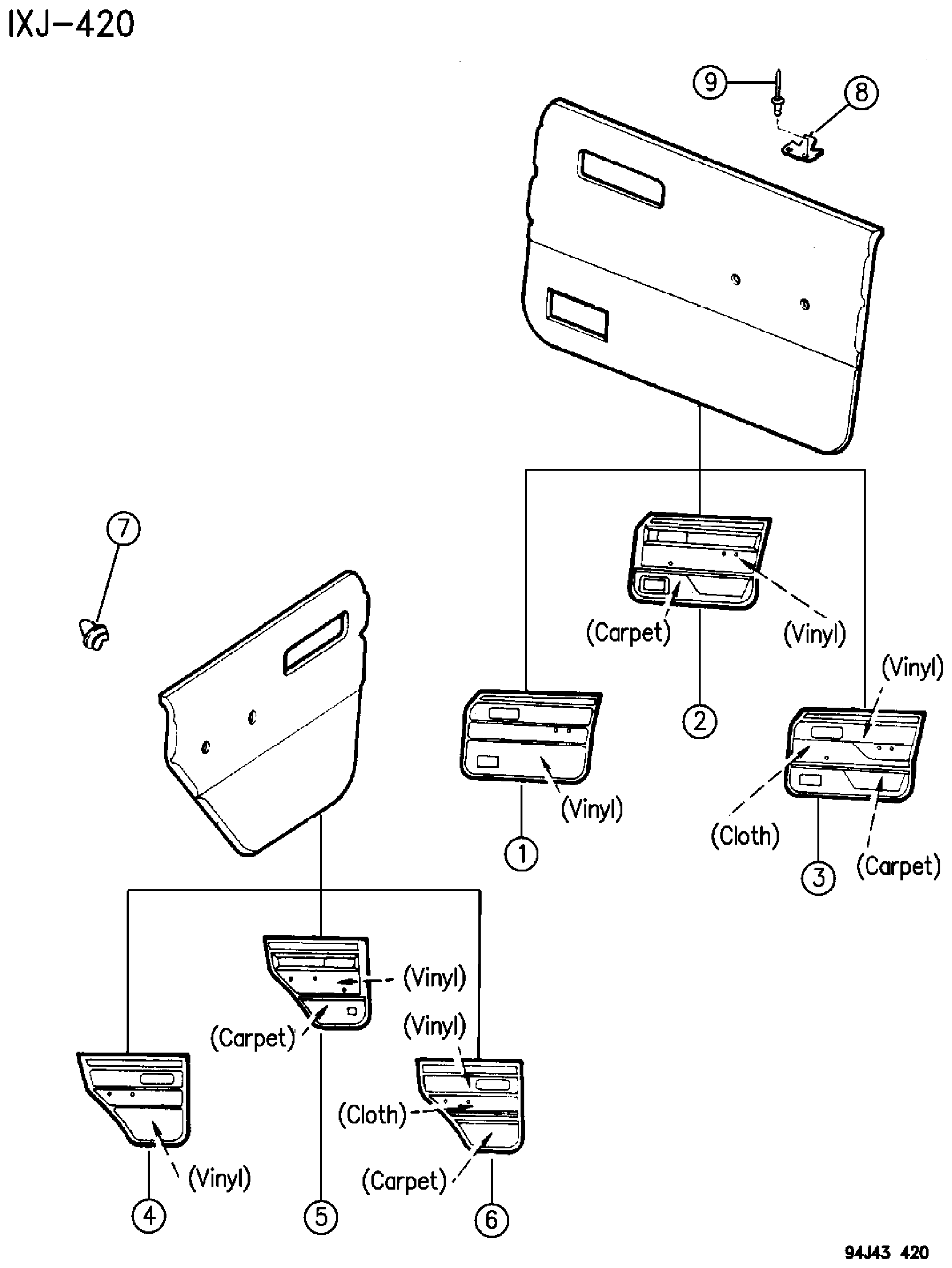 Exploded view: PANELS, DOOR TRIM TYPE 2 (WITHOUT UPPER GARNISH MOULDINGS) CHEROKEE 4 DOOR