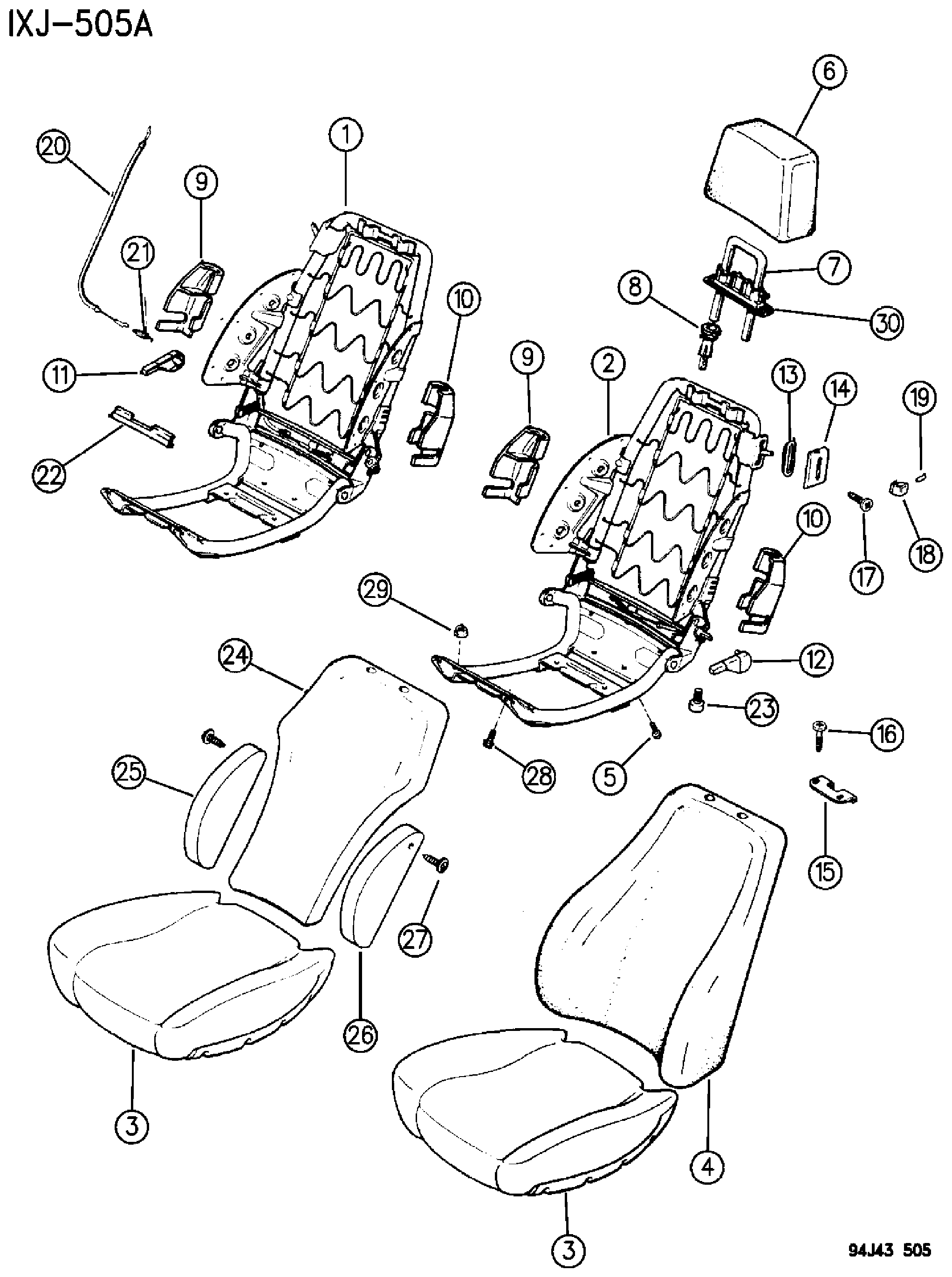 Exploded view: FRAME AND PAD - 1994 BUCKET SEATS CHEROKEE 2 DOOR