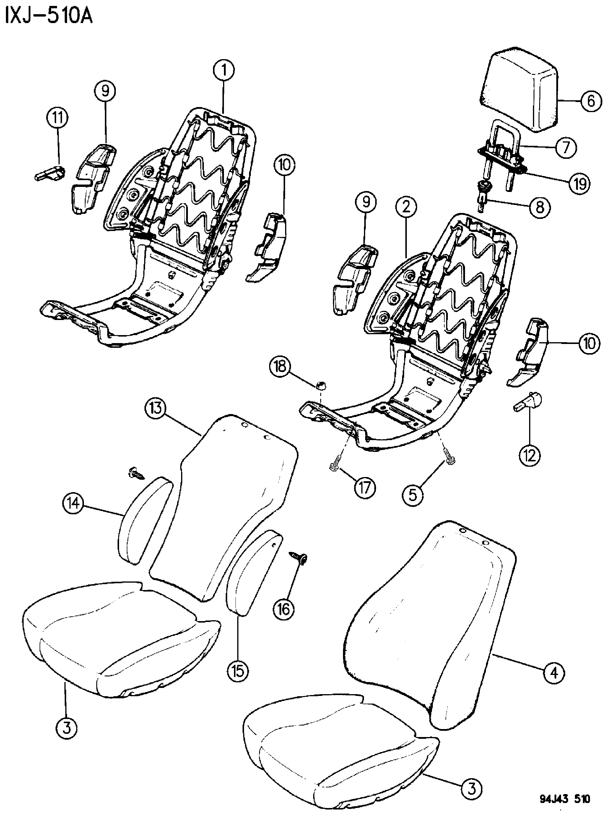 Exploded view: FRAME AND PAD- 1994 BUCKET SEATS CHEROKEE 4 DOOR