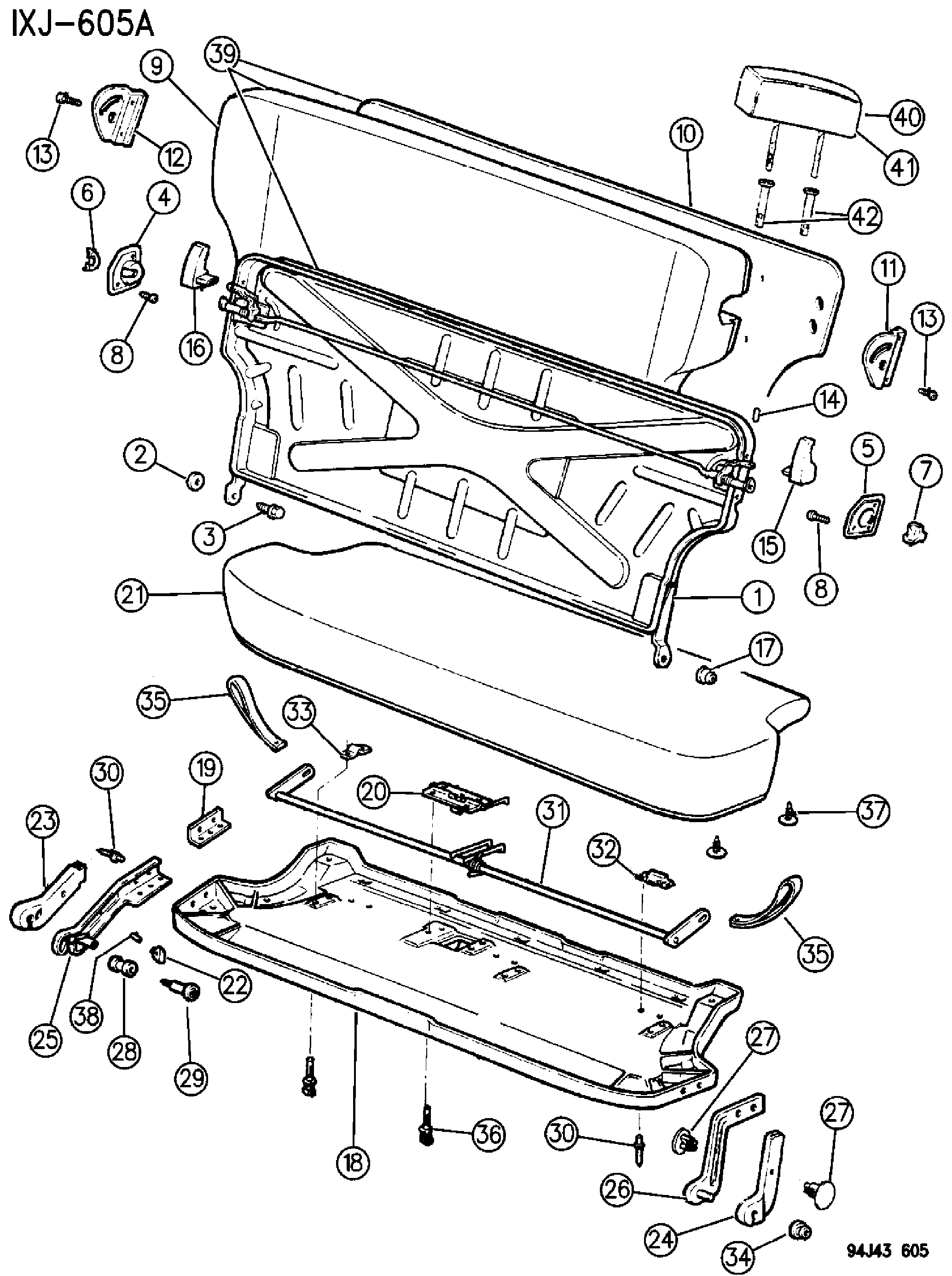 Exploded view: FRAME AND PAD REAR SEAT CHEROKEE