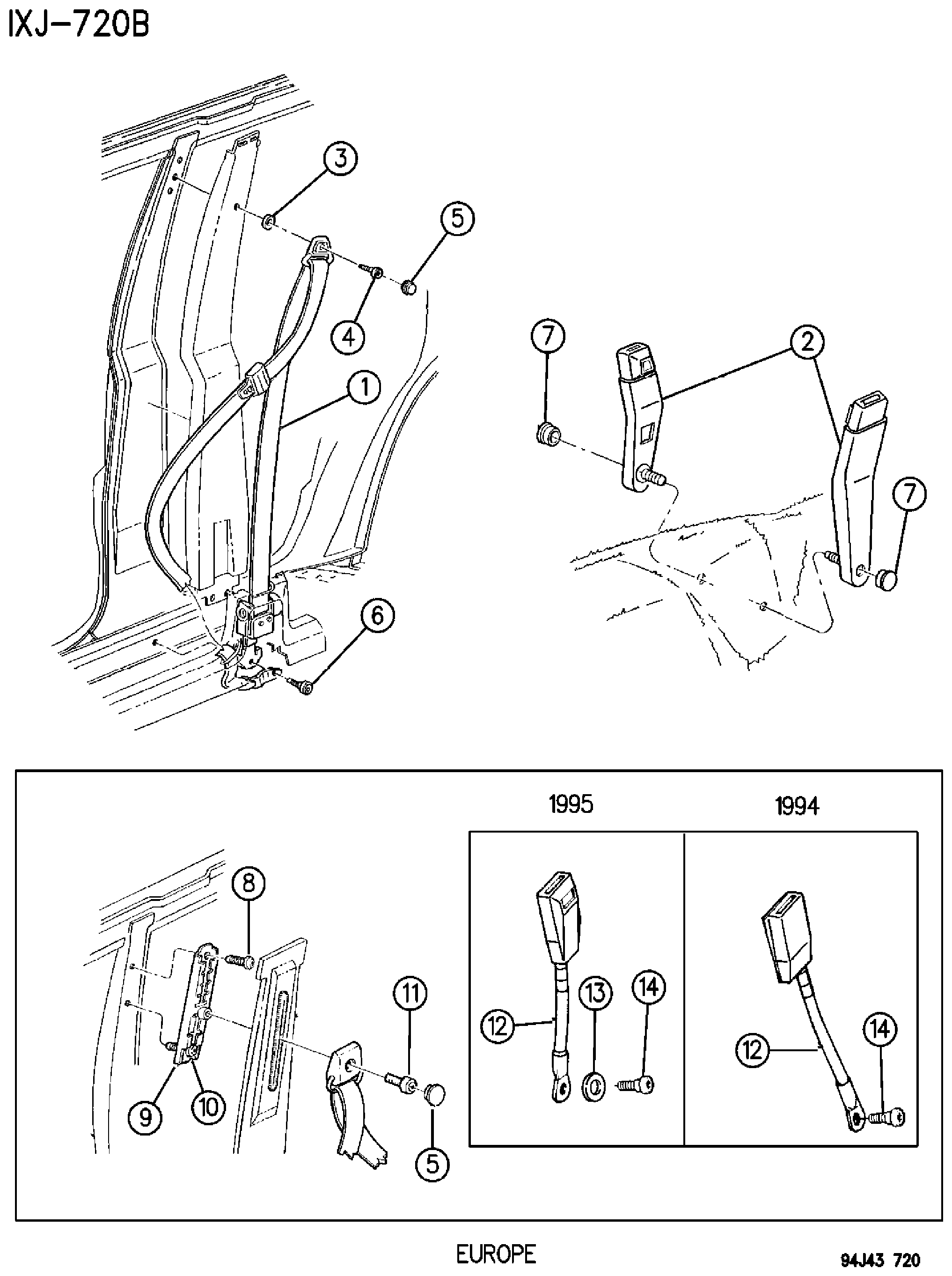 Exploded view: SEAT BELTS, FRONT SEAT CHEROKEE 4 DOOR