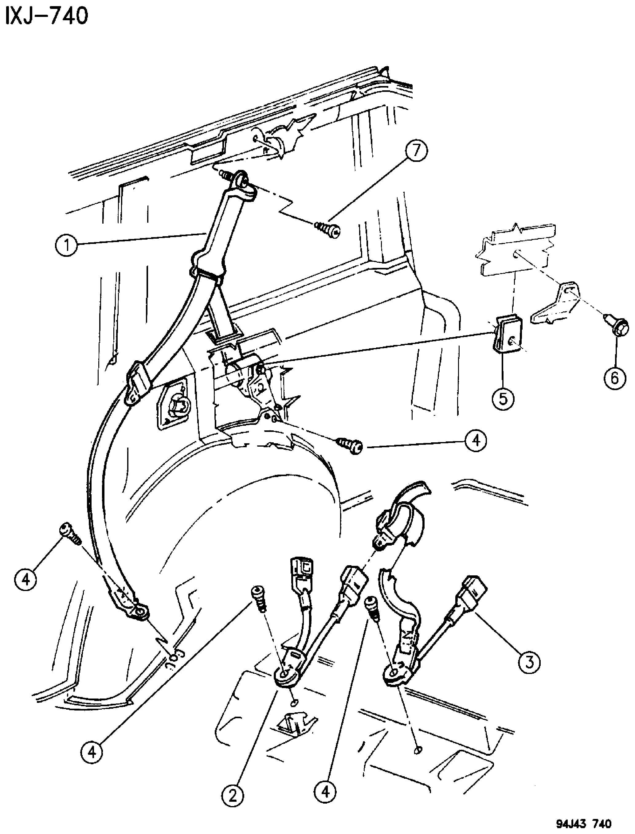 Exploded view: SEATBELTS, REAR SEAT CHEROKEE