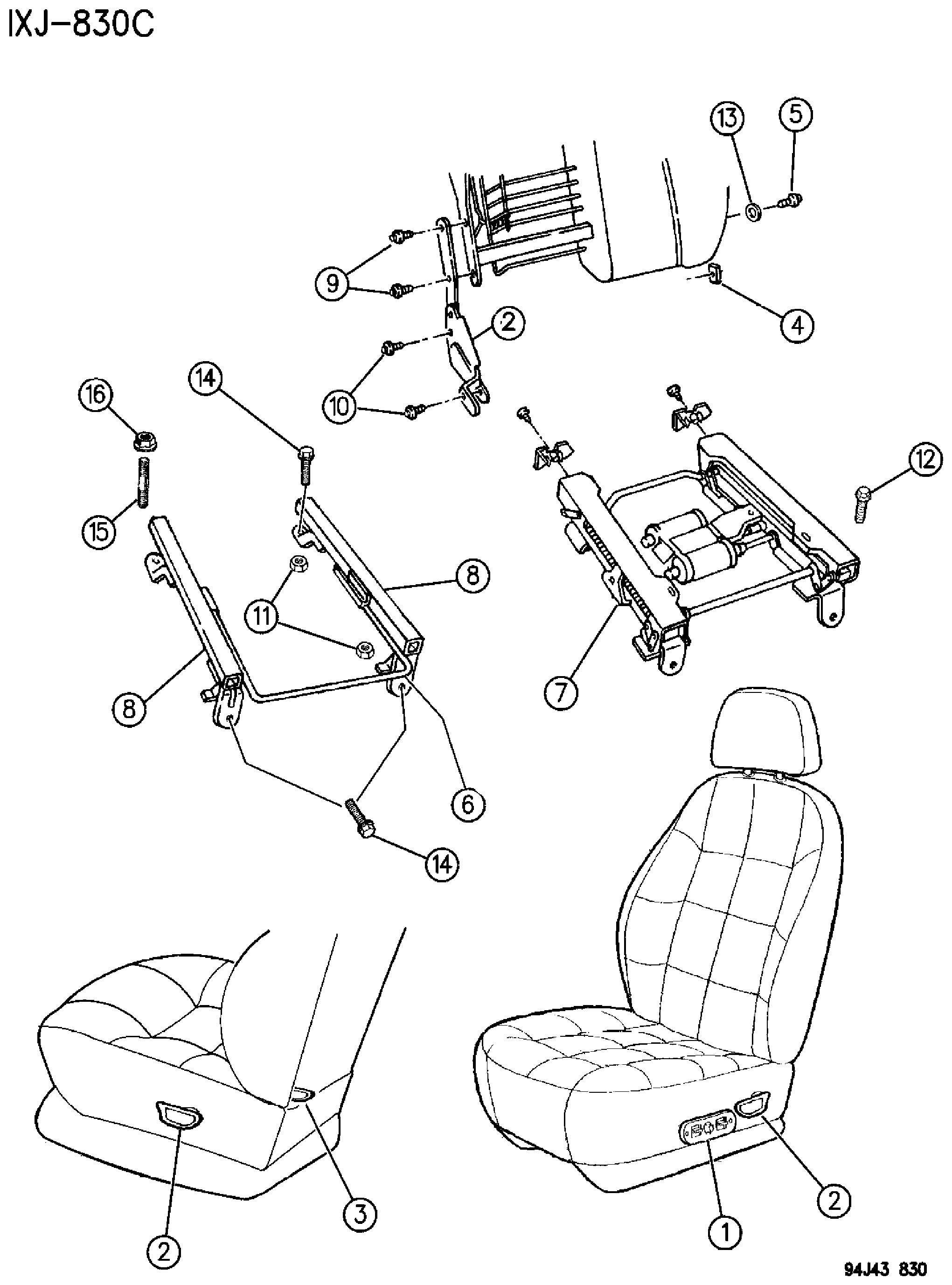 Exploded view: RECLINER AND ADJUSTER FRONT SEAT XJ, 1995-96