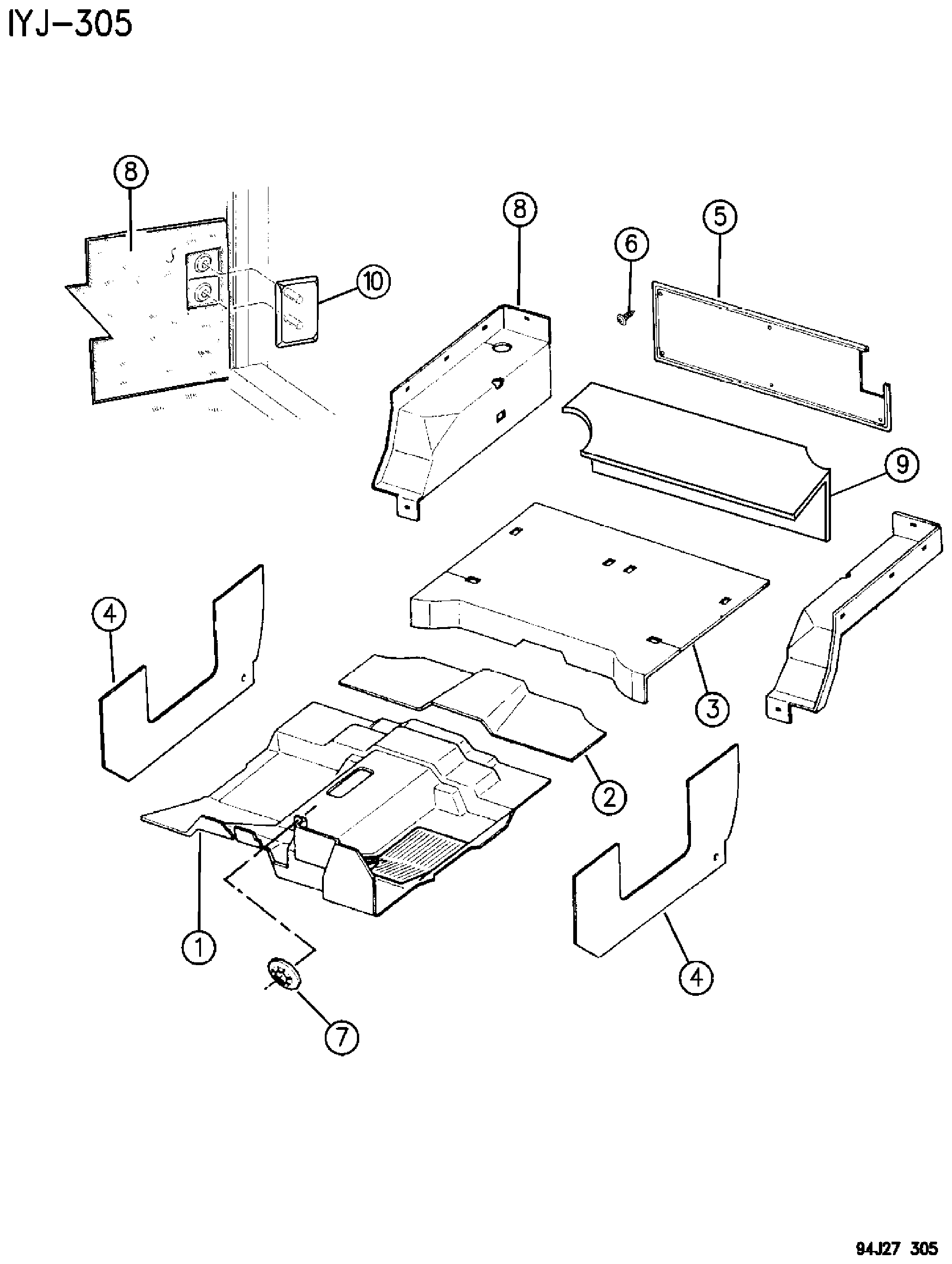 Exploded view: CARPETS AND INTERIOR TRIM PANELS WRANGLER - YJ