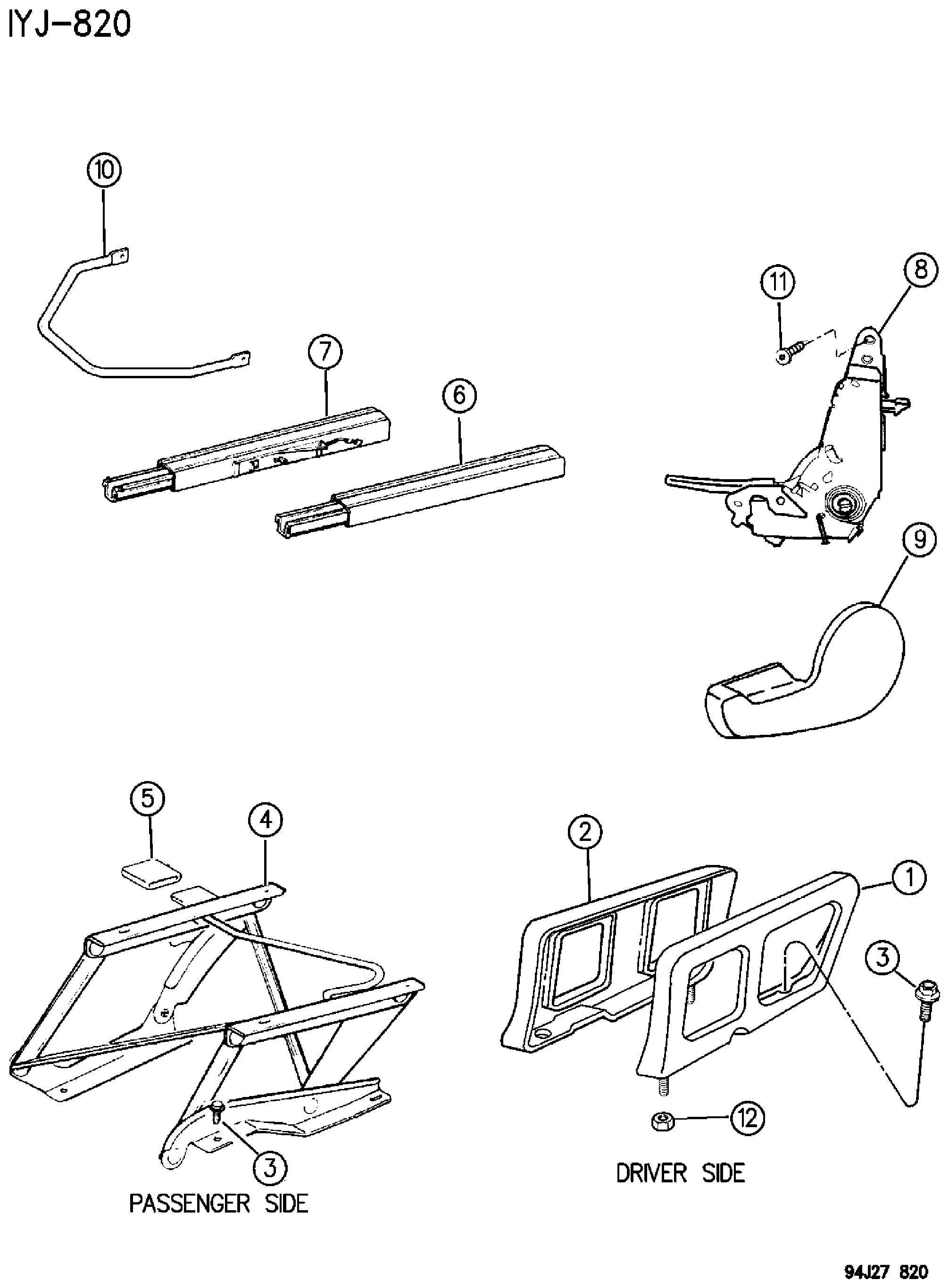 Exploded view: SEAT ASSEMBLIES, SEAT COVERS AND SEAT TRACKS FRONT SEAT WRANGLER, YJ