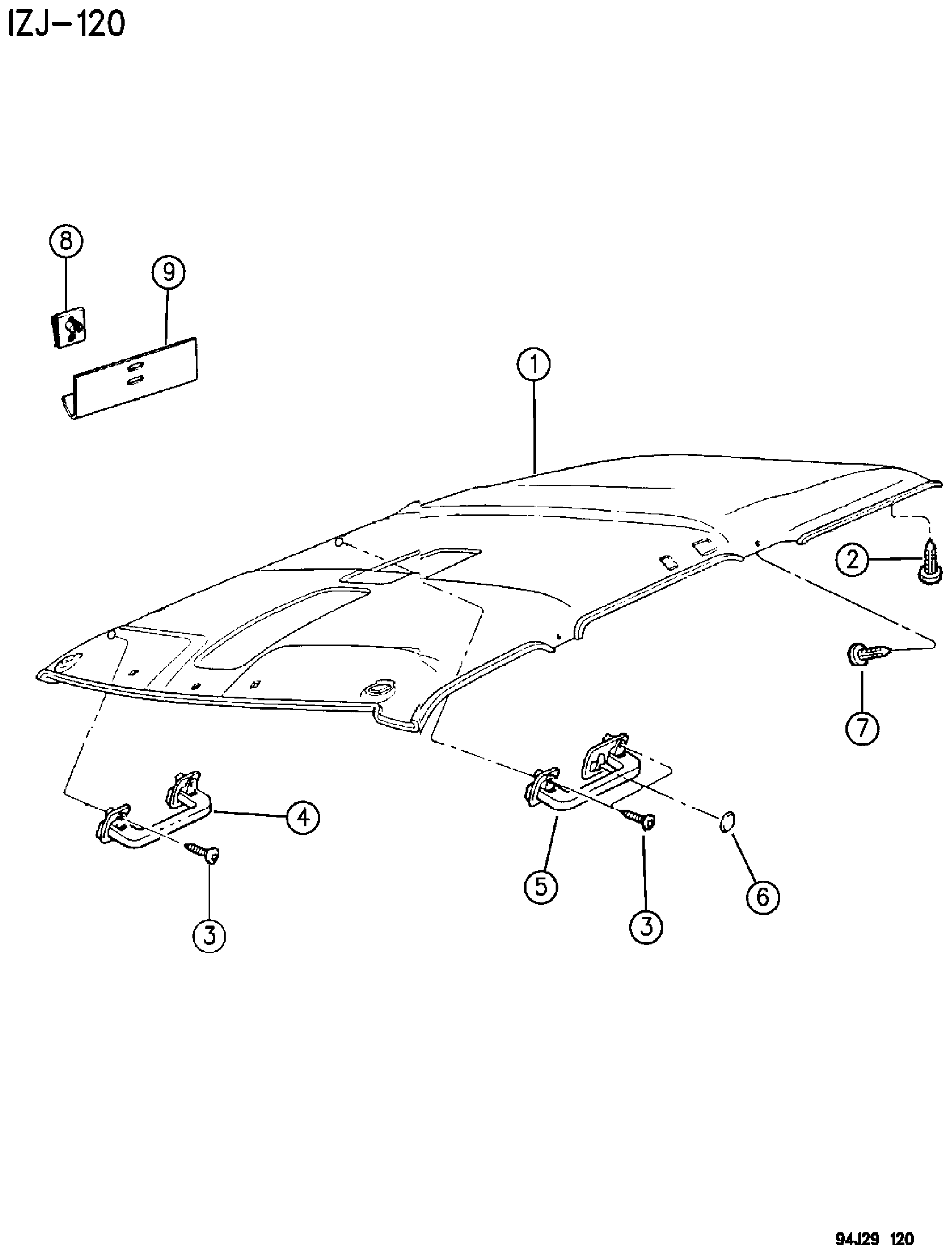 Exploded view: HEADLINER AND ASSIST HANDLES - GRAND CHEROKEE AND GRAND WAGONEER - ZJ