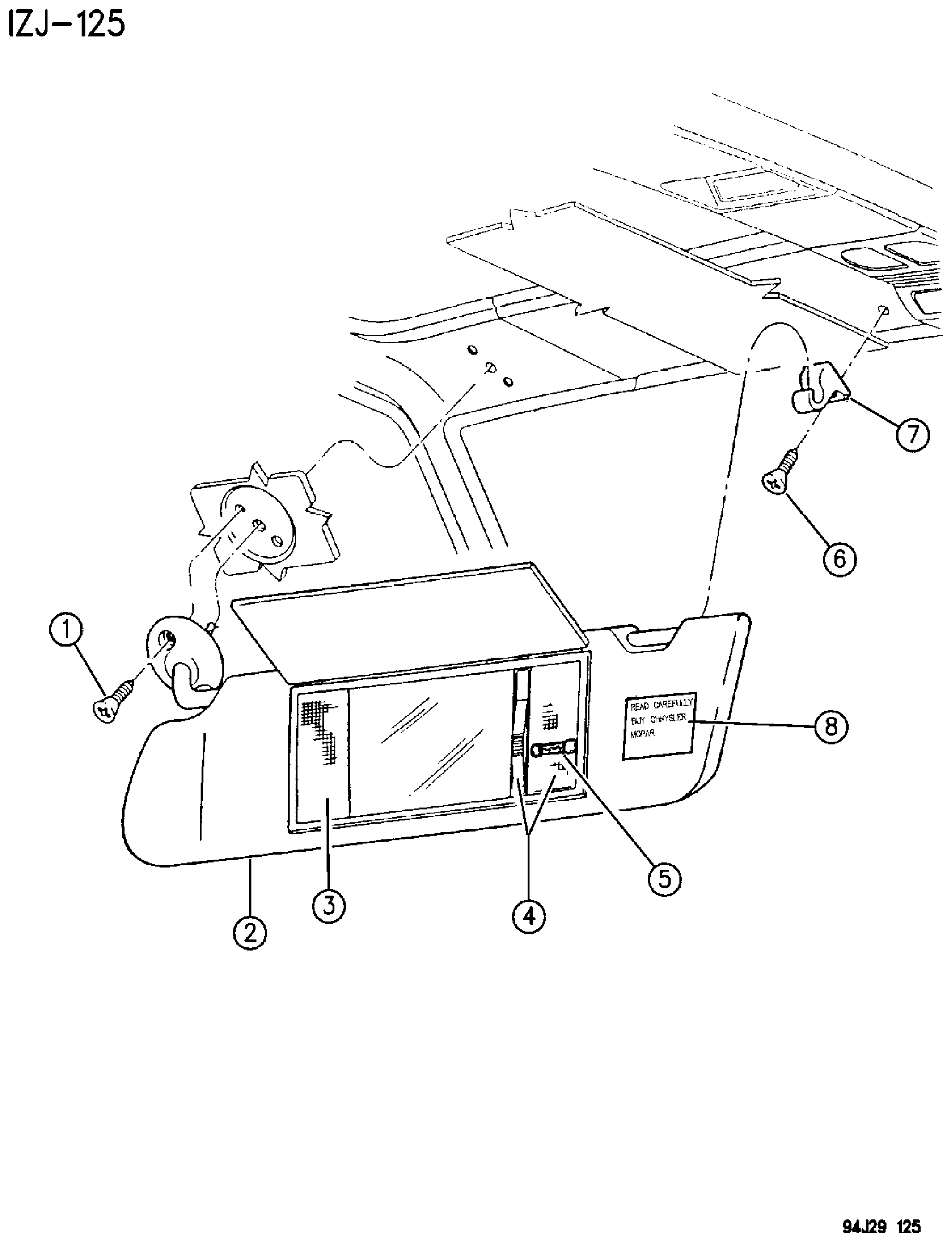Exploded view: SUNVISORS - GRAND CHEROKEE AND GRAND WAGONEER - ZJ