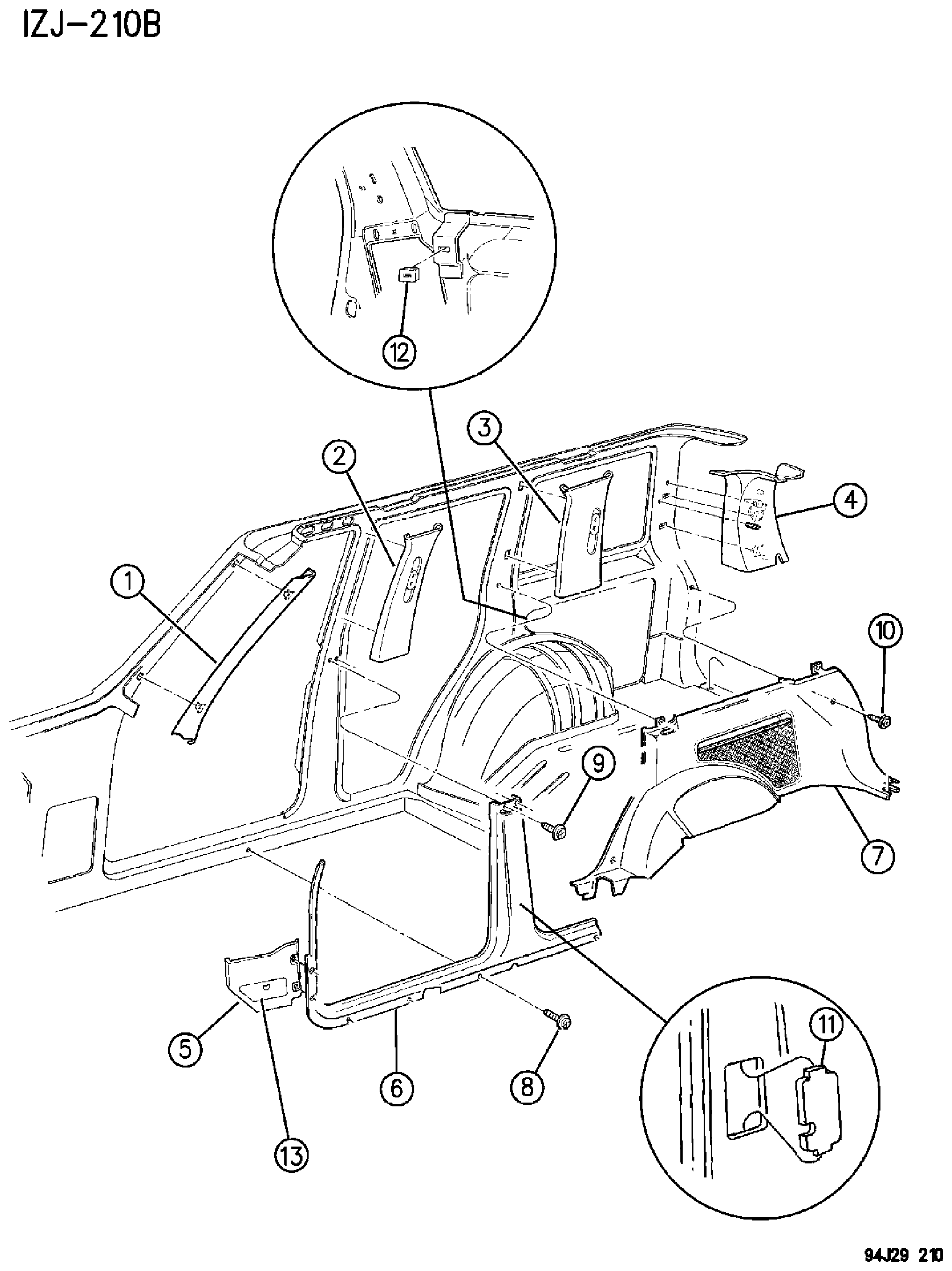 Exploded view: INTERIOR TRIM PANELS AND GARNISH MOULDINGS - GRAND CHEROKEE AND GRAND WAGONEER - ZJ