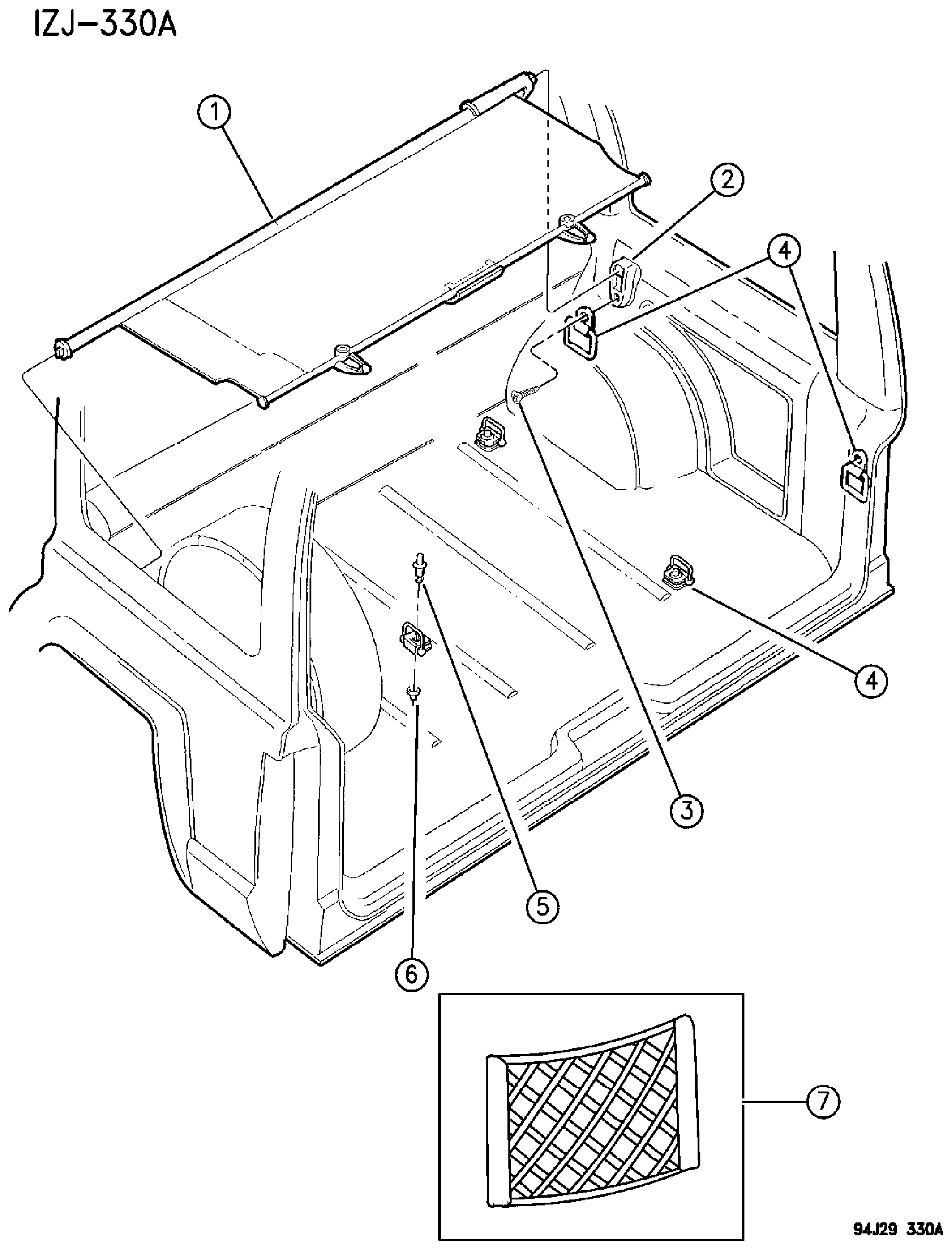 Exploded view: CARGO COVER AND CARGO LOOPS - GRAND CHEROKEE AND GRAND WAGONEER - ZJ