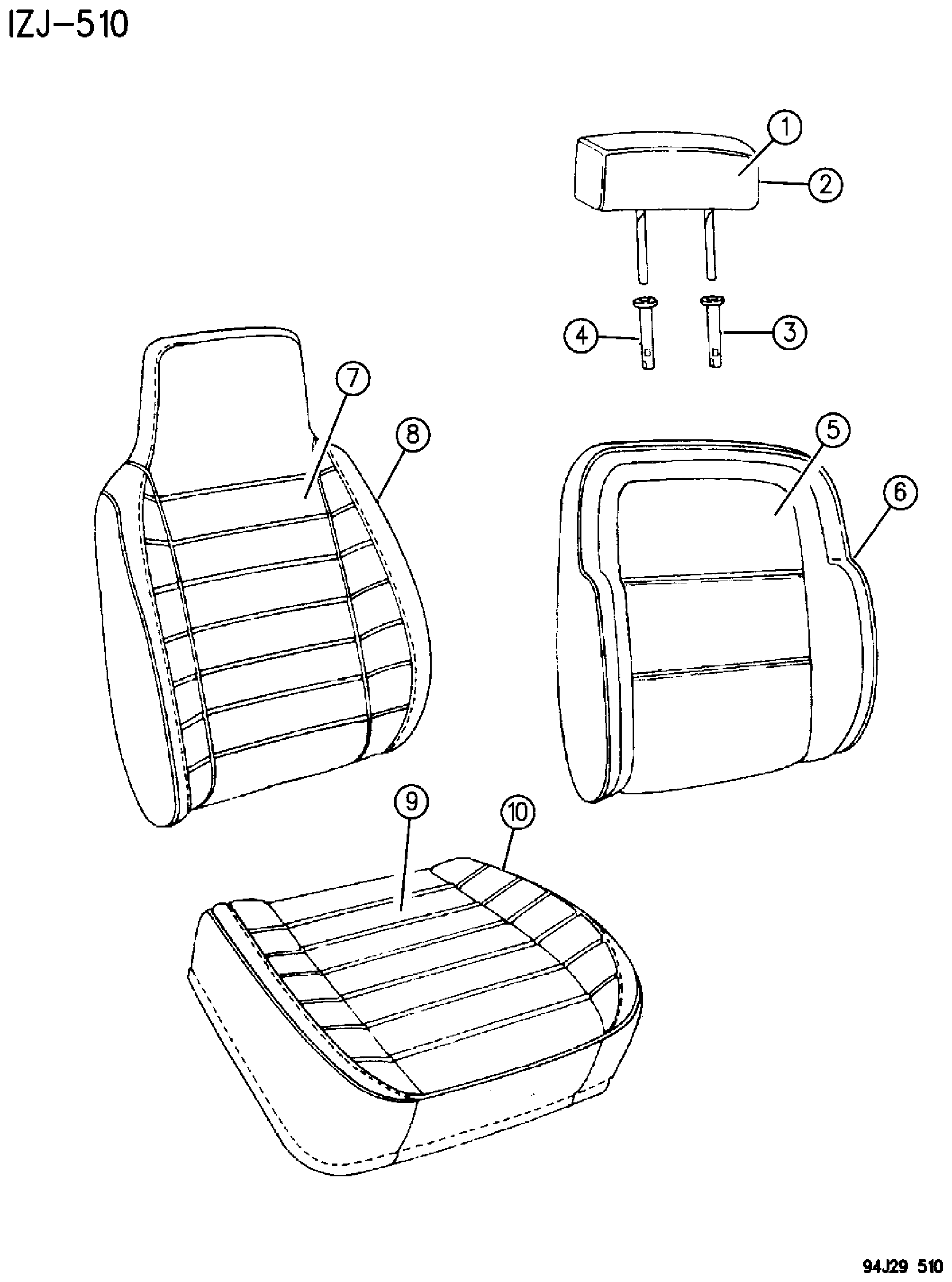 Exploded view: SEAT COVERS AND SEAT ASSEMBLIES - FRONT SEAT -1994-95 GRAND CHEROKEE AND GRAND WAGONEER - ZJ