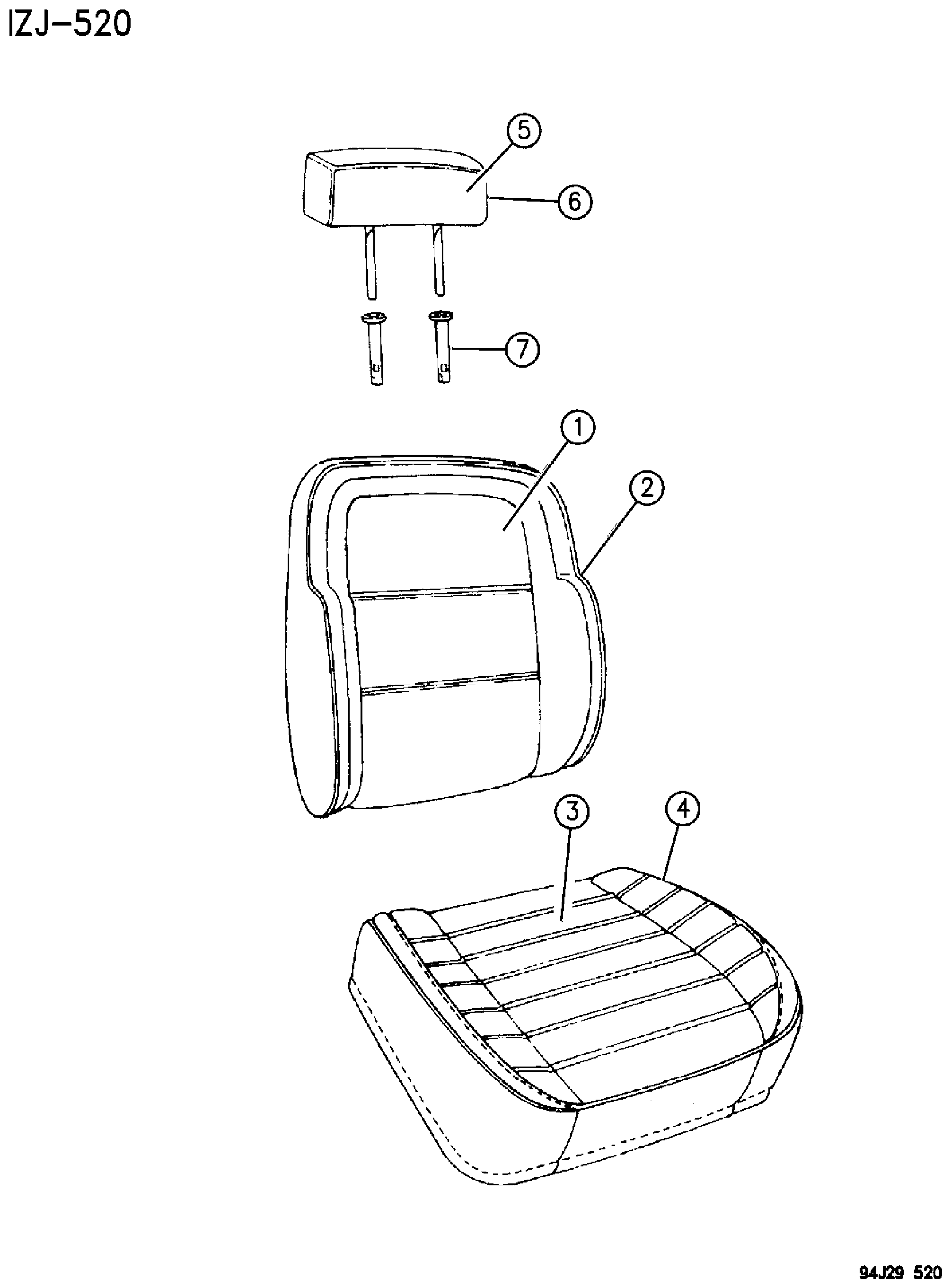 Exploded view: SEAT COVERS AND SEAT ASSEMBLIES FRONT SEAT GRAND CHEROKEE - 1996 ZJ