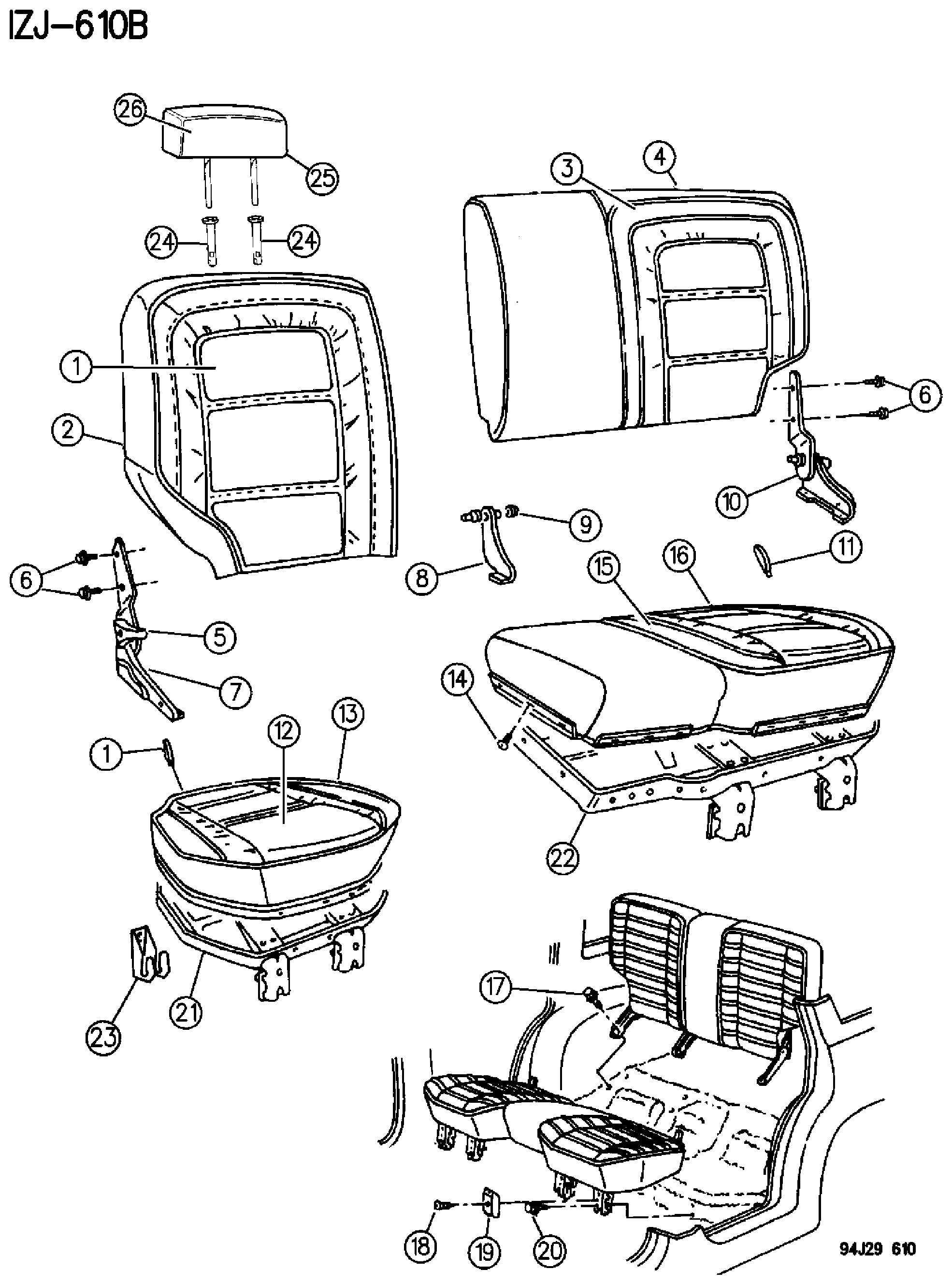 Exploded view: SEATS REAR SEAT, WITHOUT CHILD SEAT, 1994-95 GRAND CHEROKEE AND GRAND WAGONEER - ZJ