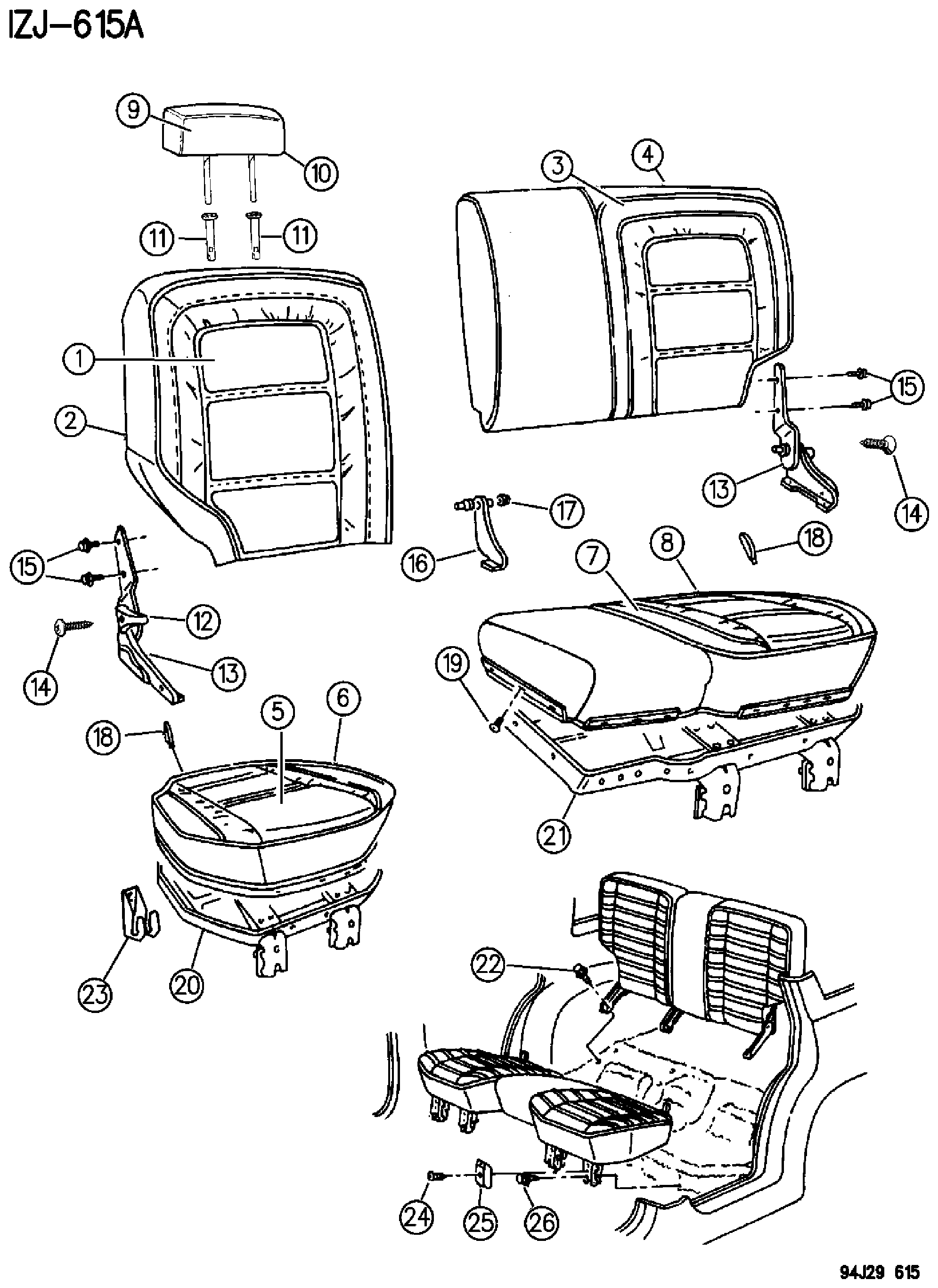 Exploded view: REAR SEAT, WITHOUT CHILD SEAT 1996, GRAND CHERKEE, ZJ