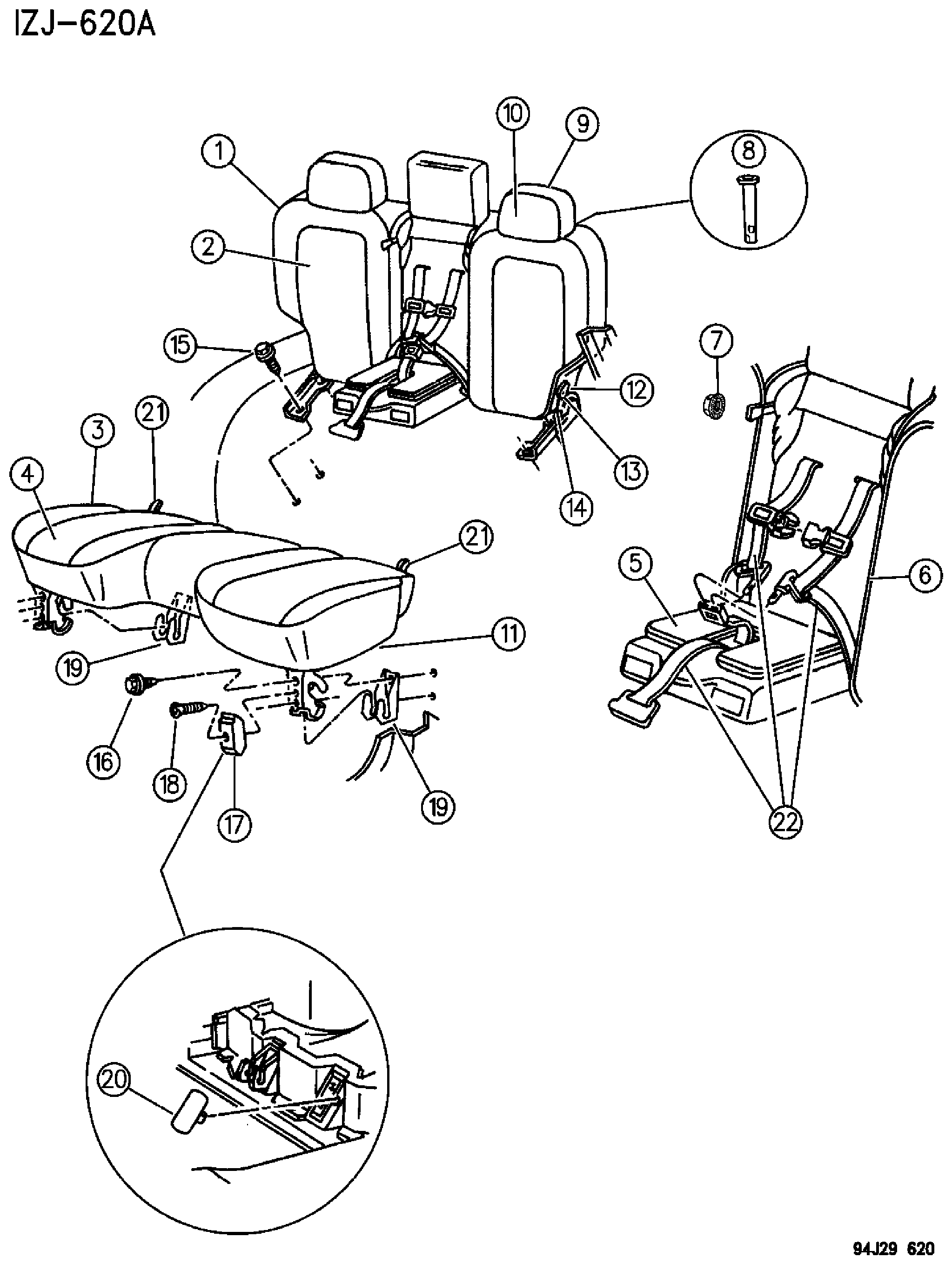 Exploded view: REAR BENCH SEAT WITH CHILD SEAT 1995 GRAND CHEROKEE, ZJ
