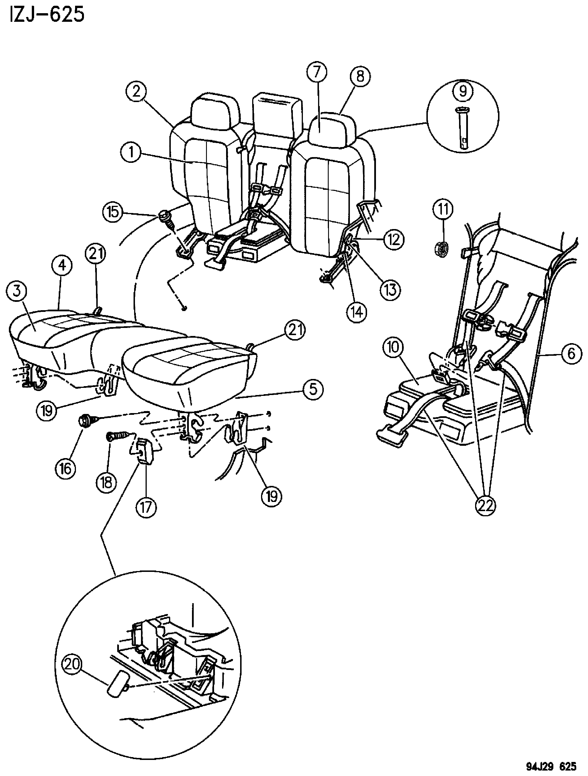Exploded view: REAR BENCH SEAT WITH CHILD SEAT 1996 GRAND CHEROKEE, ZJ
