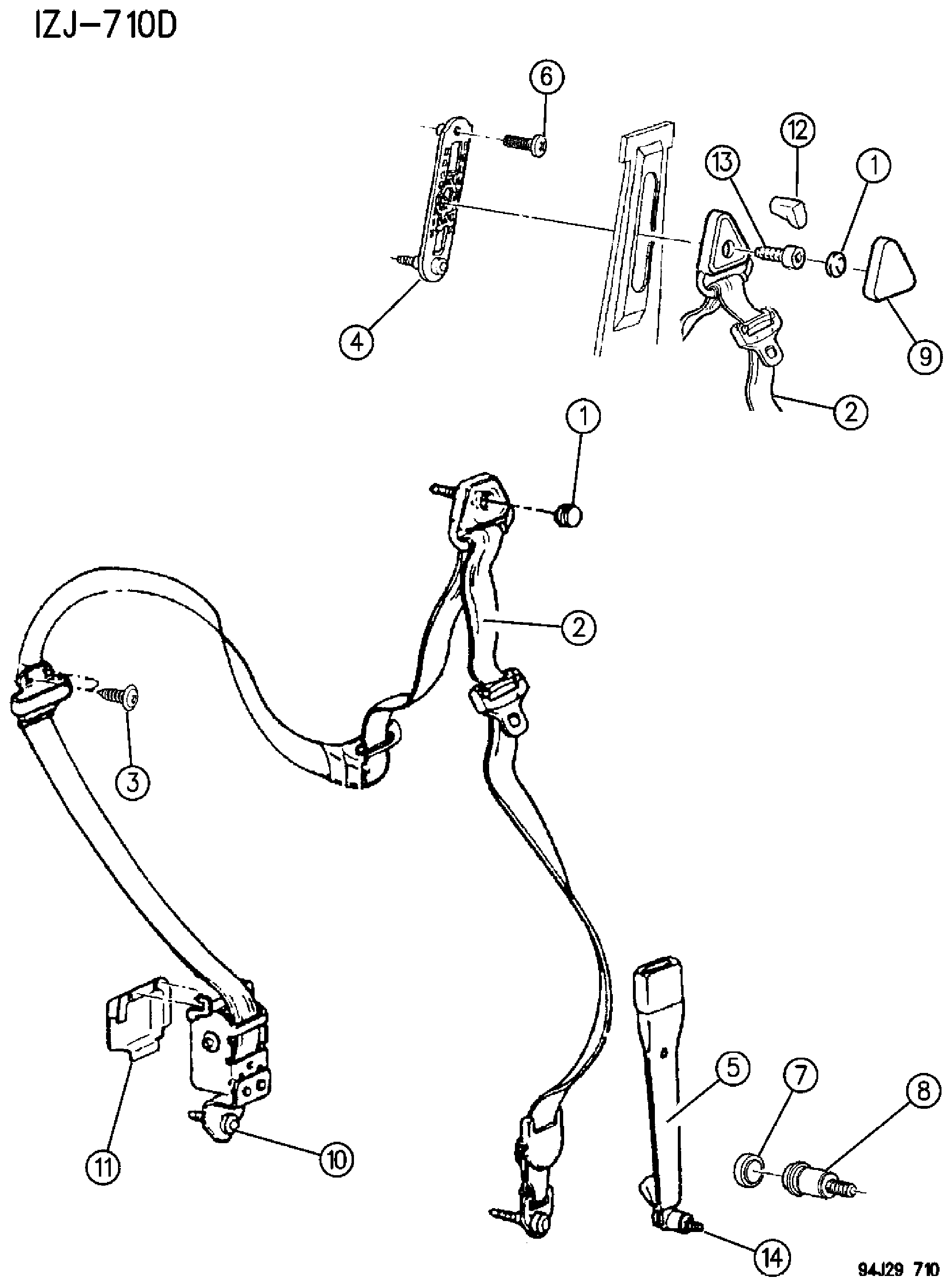 Exploded view: SEAT BELTS - FRONT SEAT - GRAND CHEROKEE AND GRAND WAGONEER - ZJ