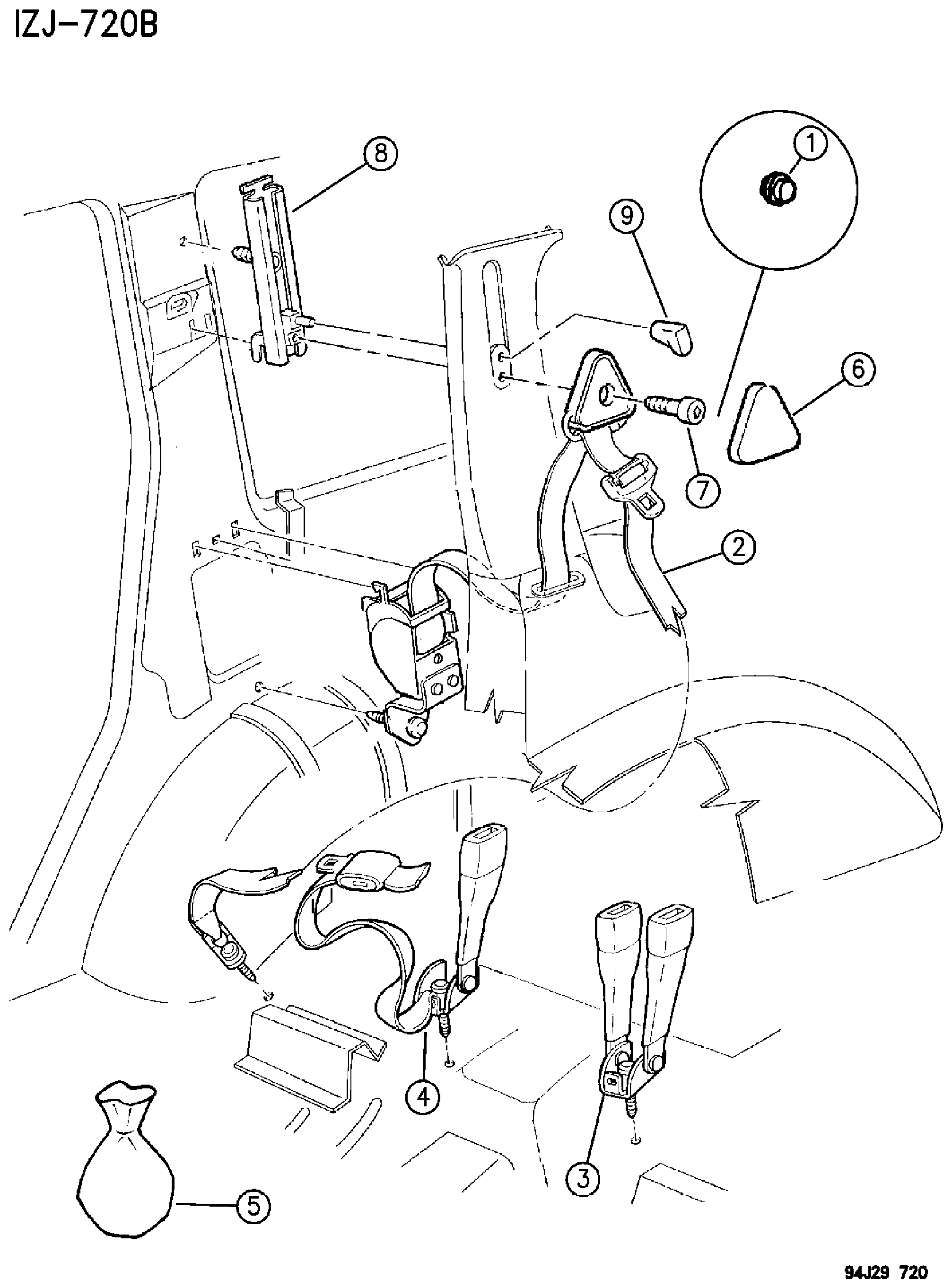 Exploded view: SEAT BELTS - REAR SEAT - GRAND CHEROKEE AND GRAND WAGONEER - ZJ