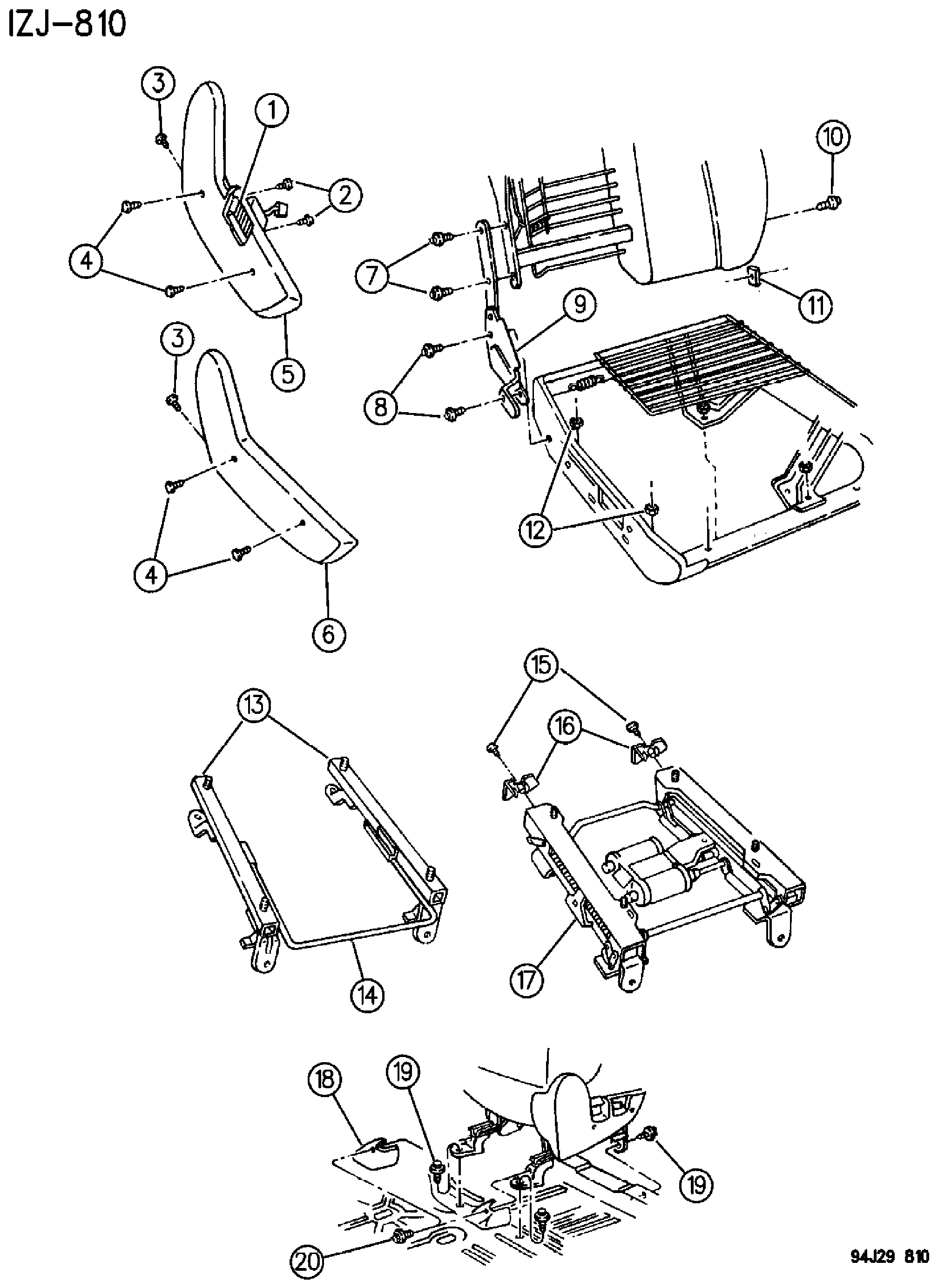 Exploded view: RECLINER AND SEAT TRACK - FRONT SEAT - 1994-95 GRAND CHEROKEE AND GRAND WAGONEER - ZJ