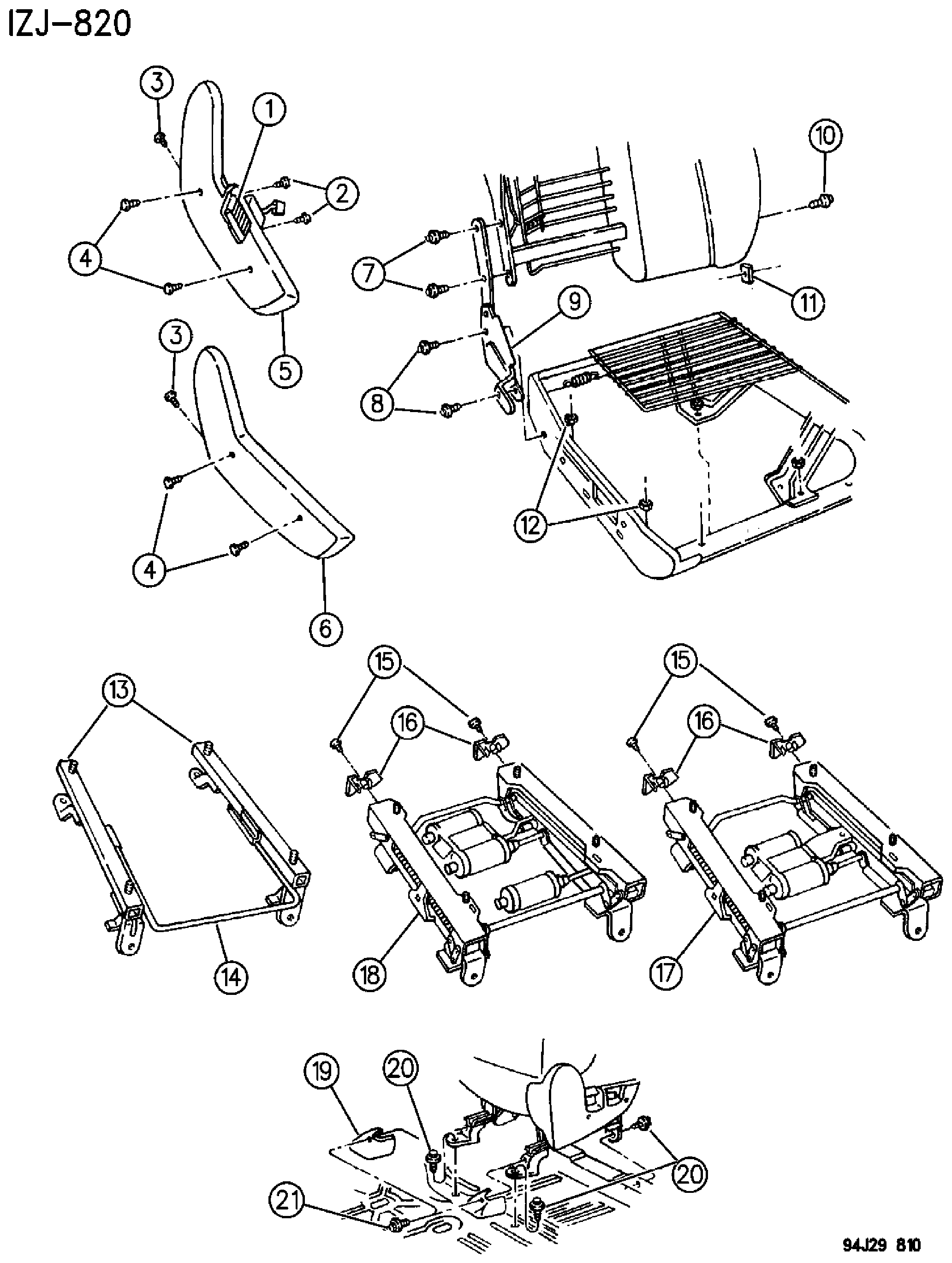 Exploded view: RECLINER AND SEAT TRACK FRONT SEAT GRAND CHEROKEE, ZJ, 1996