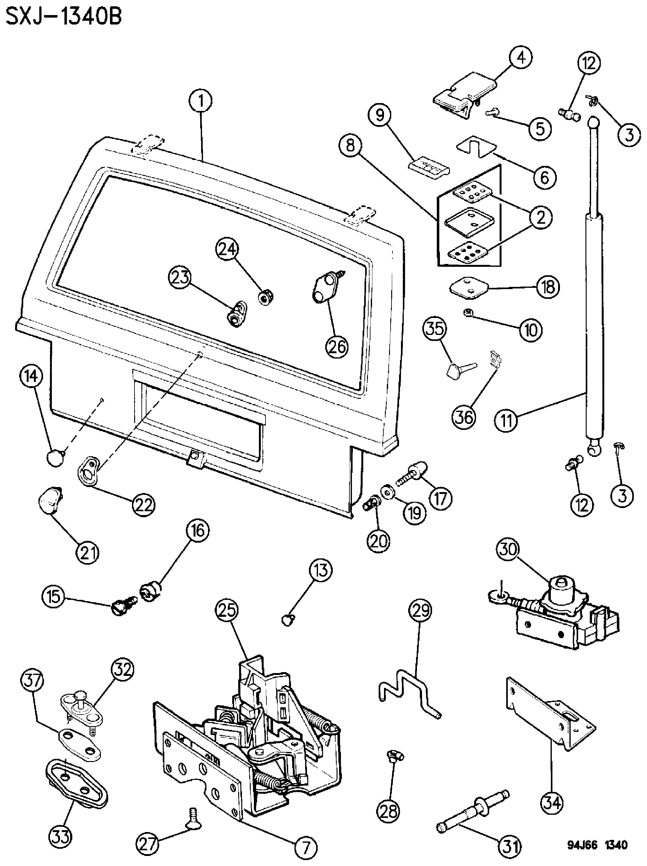 Exploded view: LIFT DOOR, LATCH AND HINGES CHEROKEE XJ