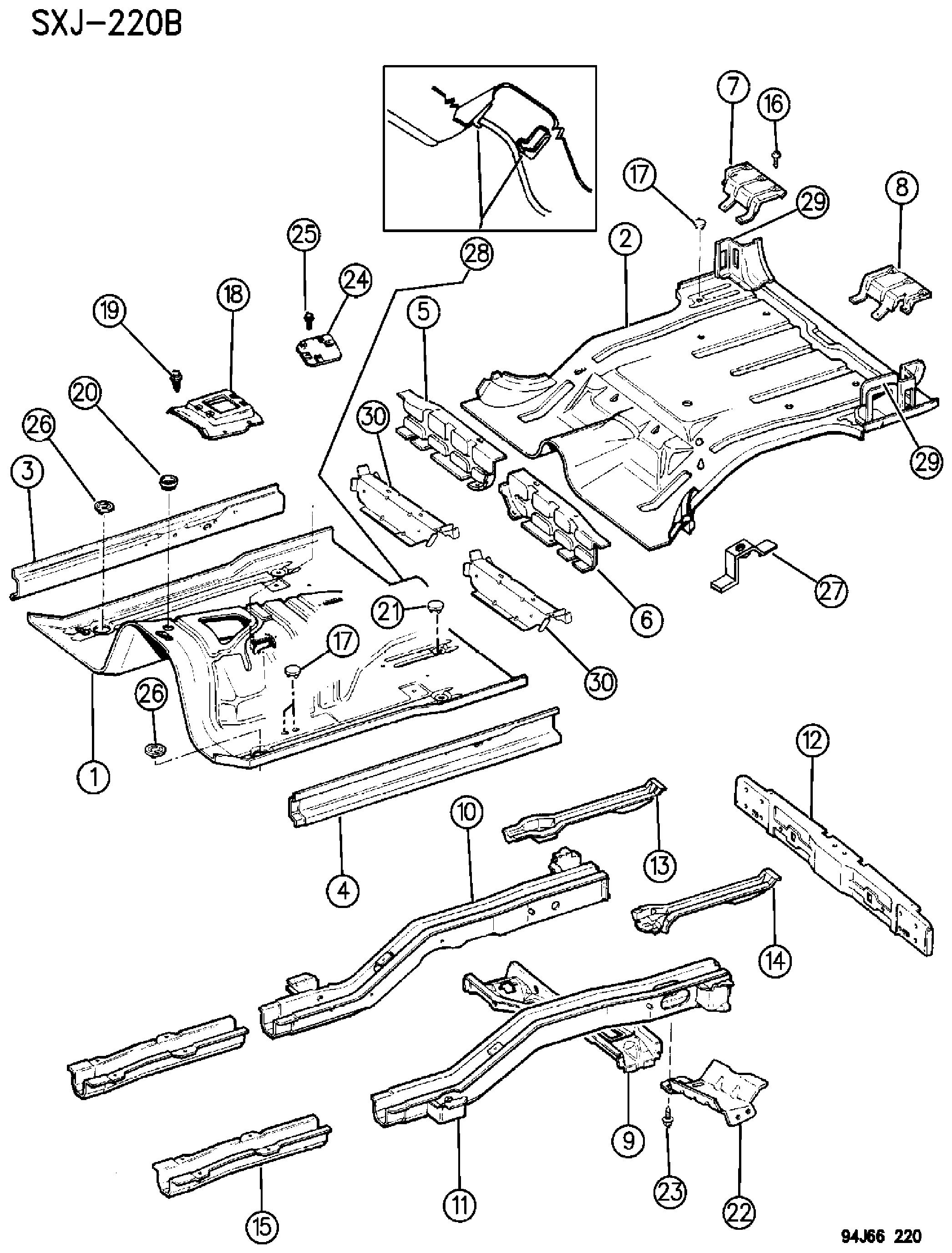 Exploded view: PANS, FLOOR CHEROKEE XJ