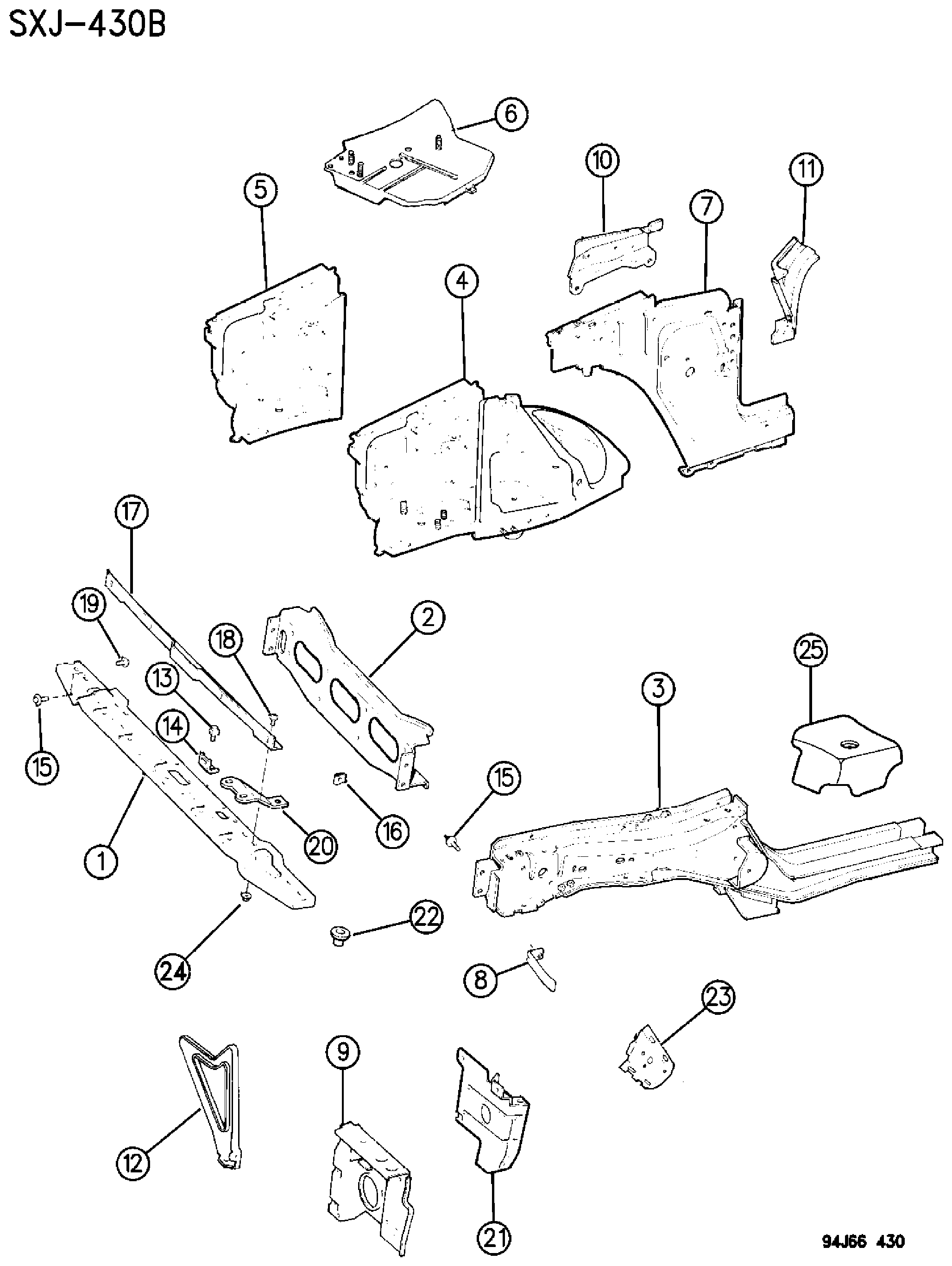 Exploded view: PANELS, FRONT END INNER AND WHEELHOUSE CHEROKEE XJ