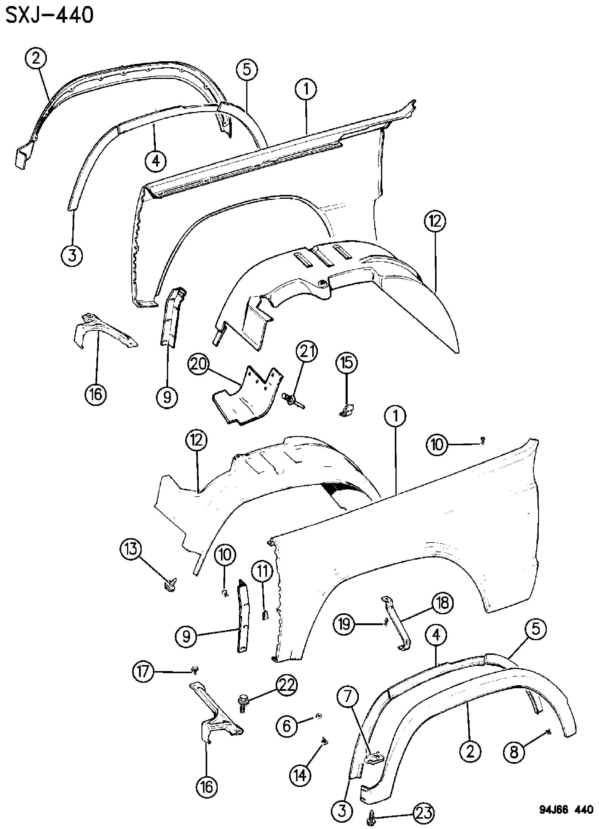Exploded view: FENDERS, FRONT CHEROKEE XJ