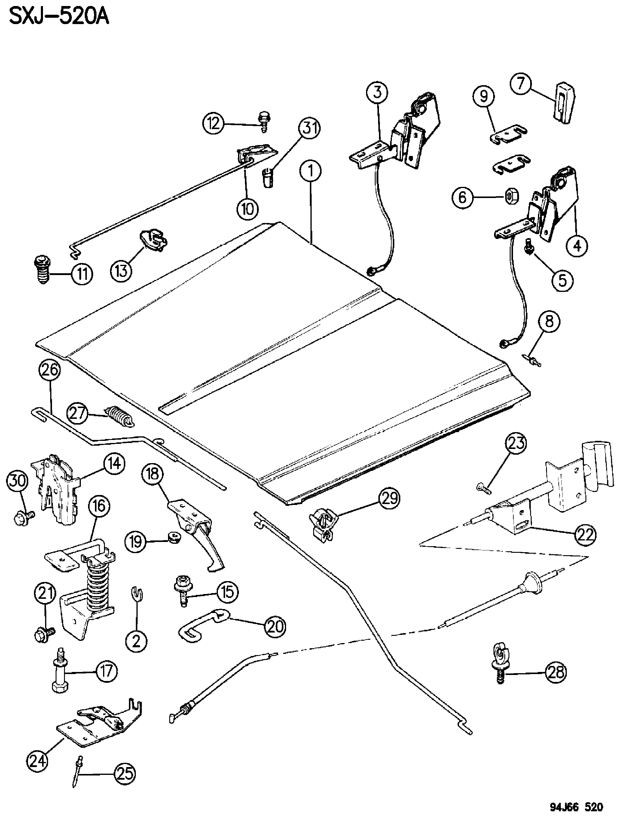 Exploded view: HOOD, LATCH AND HINGES CHEROKEE XJ
