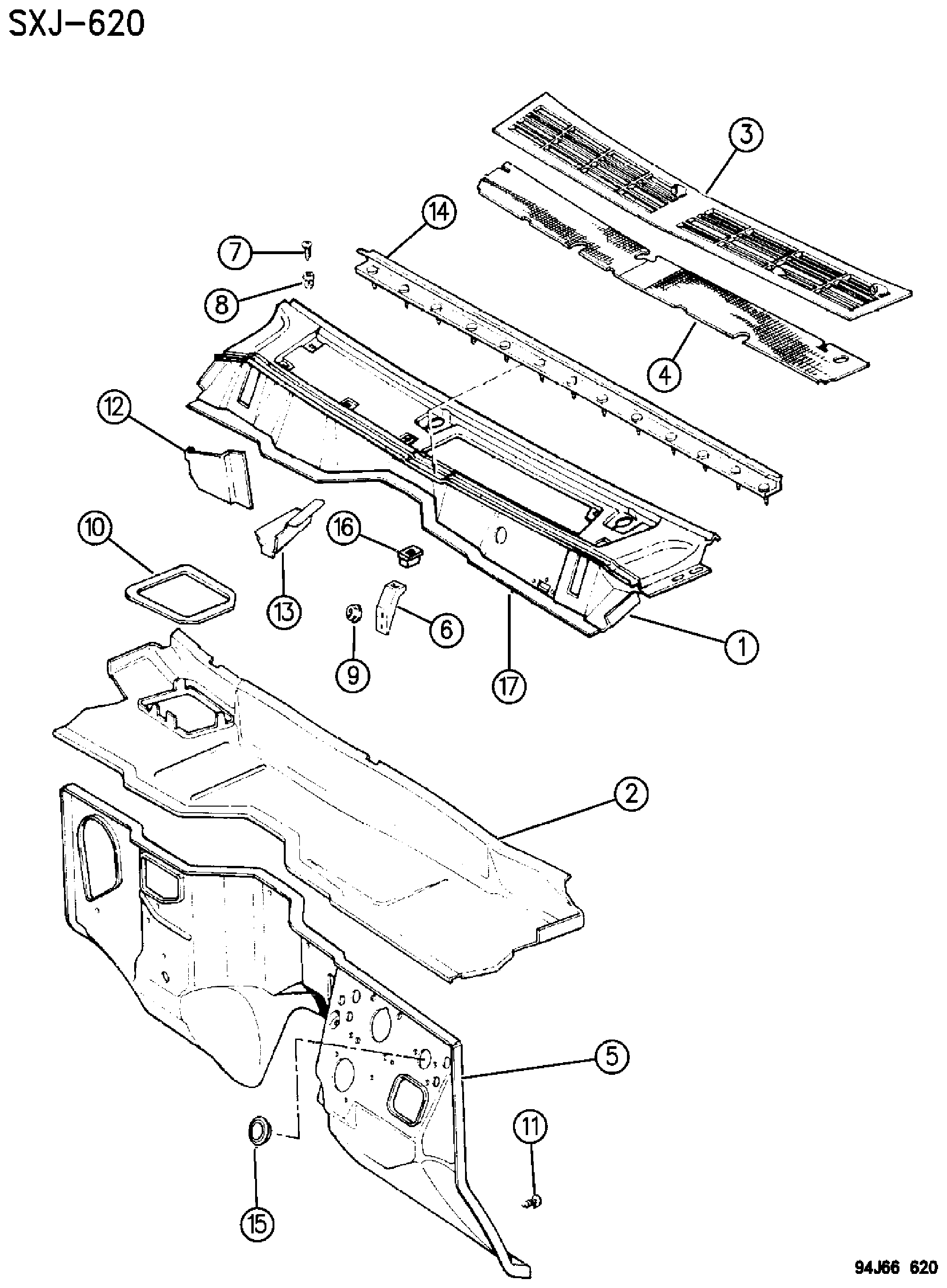 Exploded view: PANELS, COWL AND DASH CHEROKEE XJ