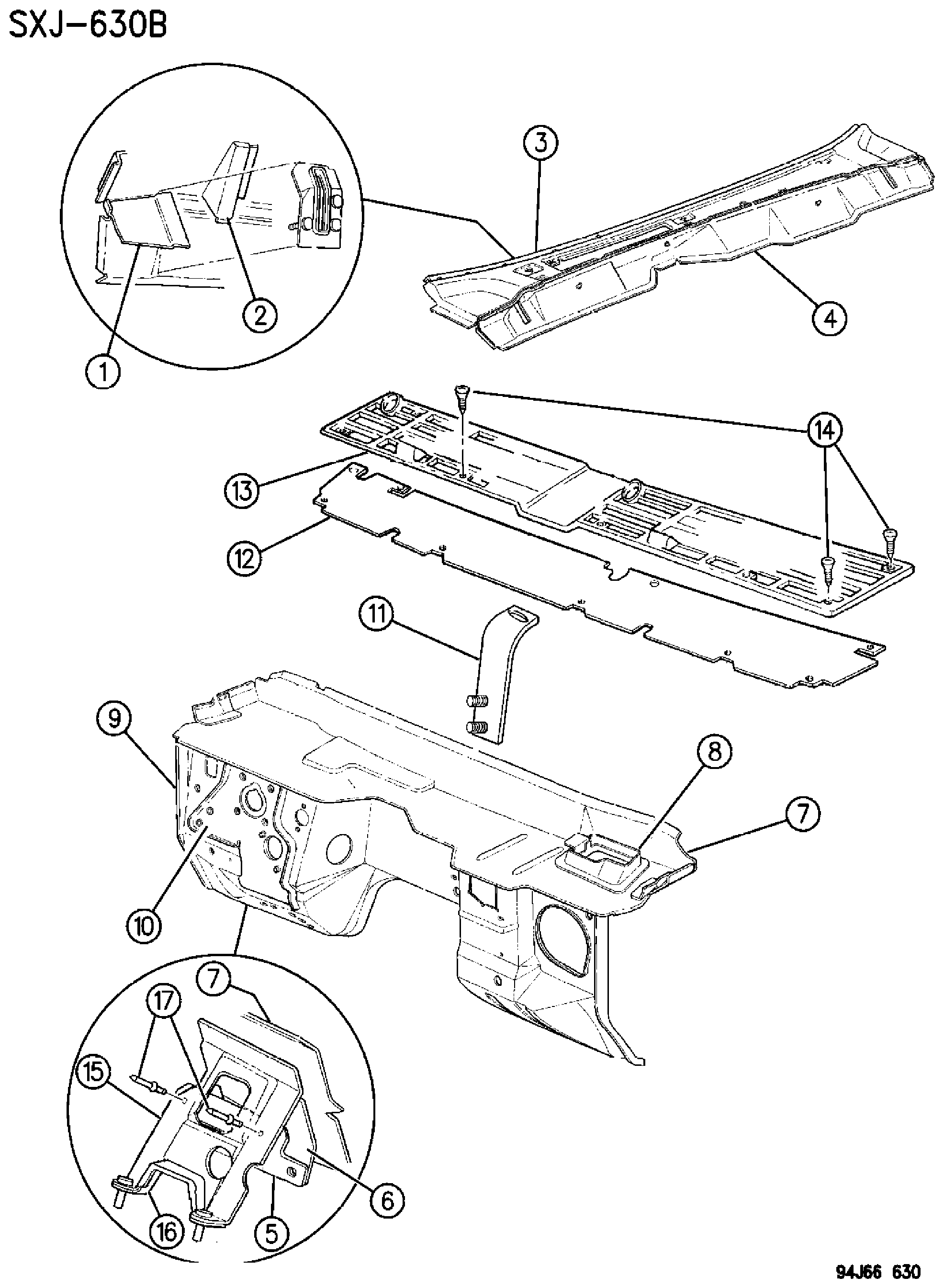 Exploded view: COWL AND DASH PANEL R.H.D. XJ