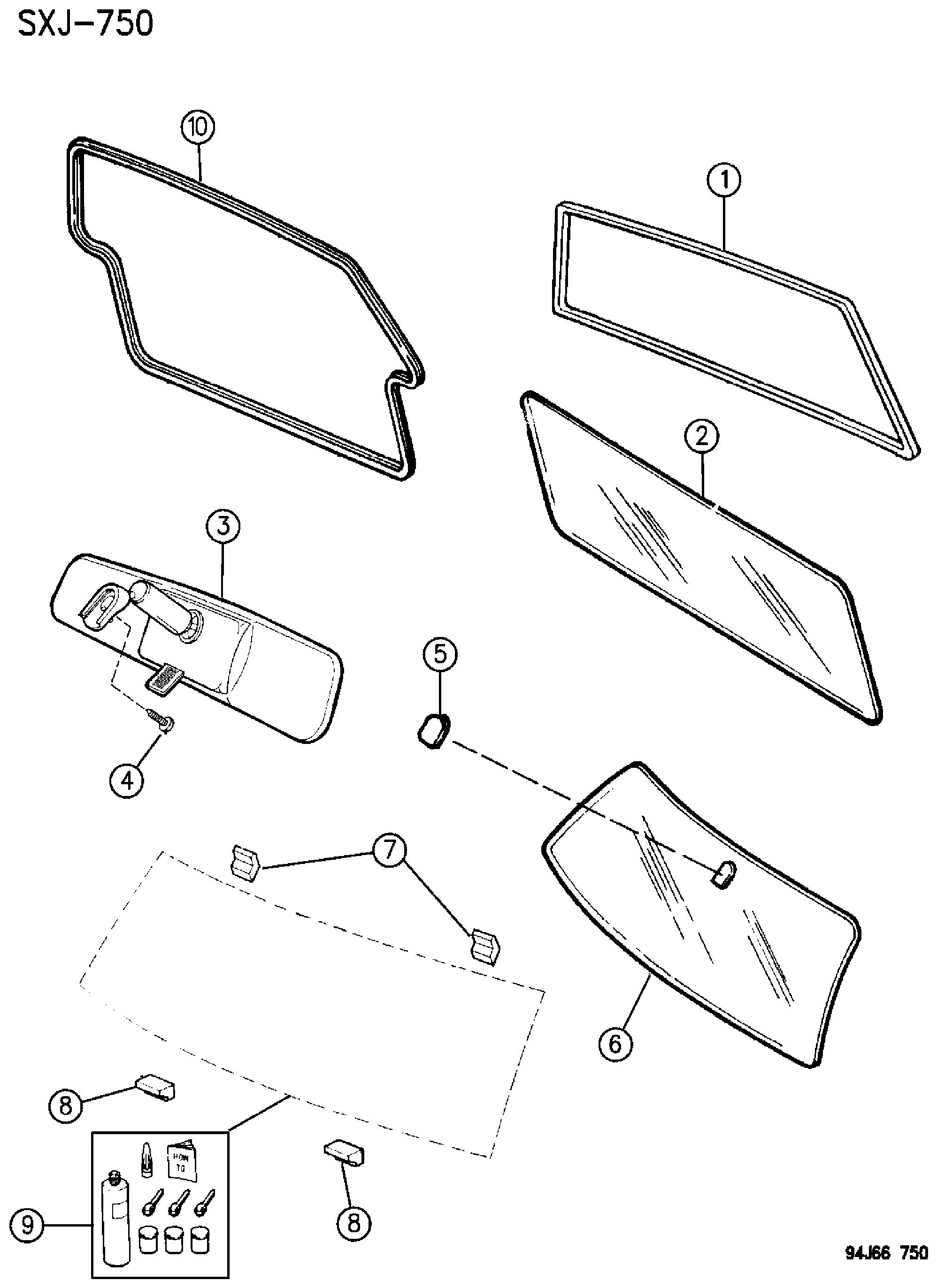 Exploded view: GLASS, WINDSHIELD, BACKLITE AND MIRROR CHEROKEE XJ