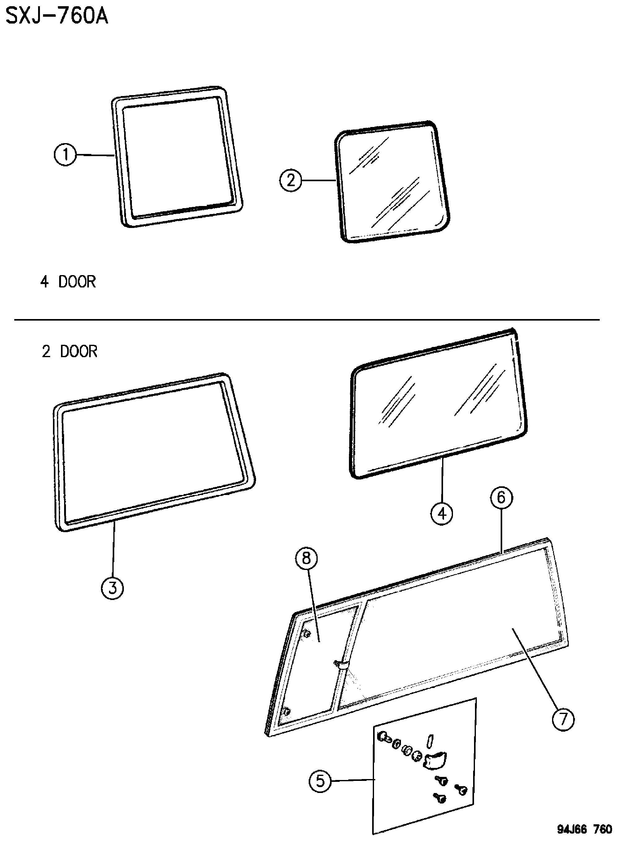 Exploded view: WINDOWS, QUARTER 2 AND 4 DOOR CHEROKEE XJ