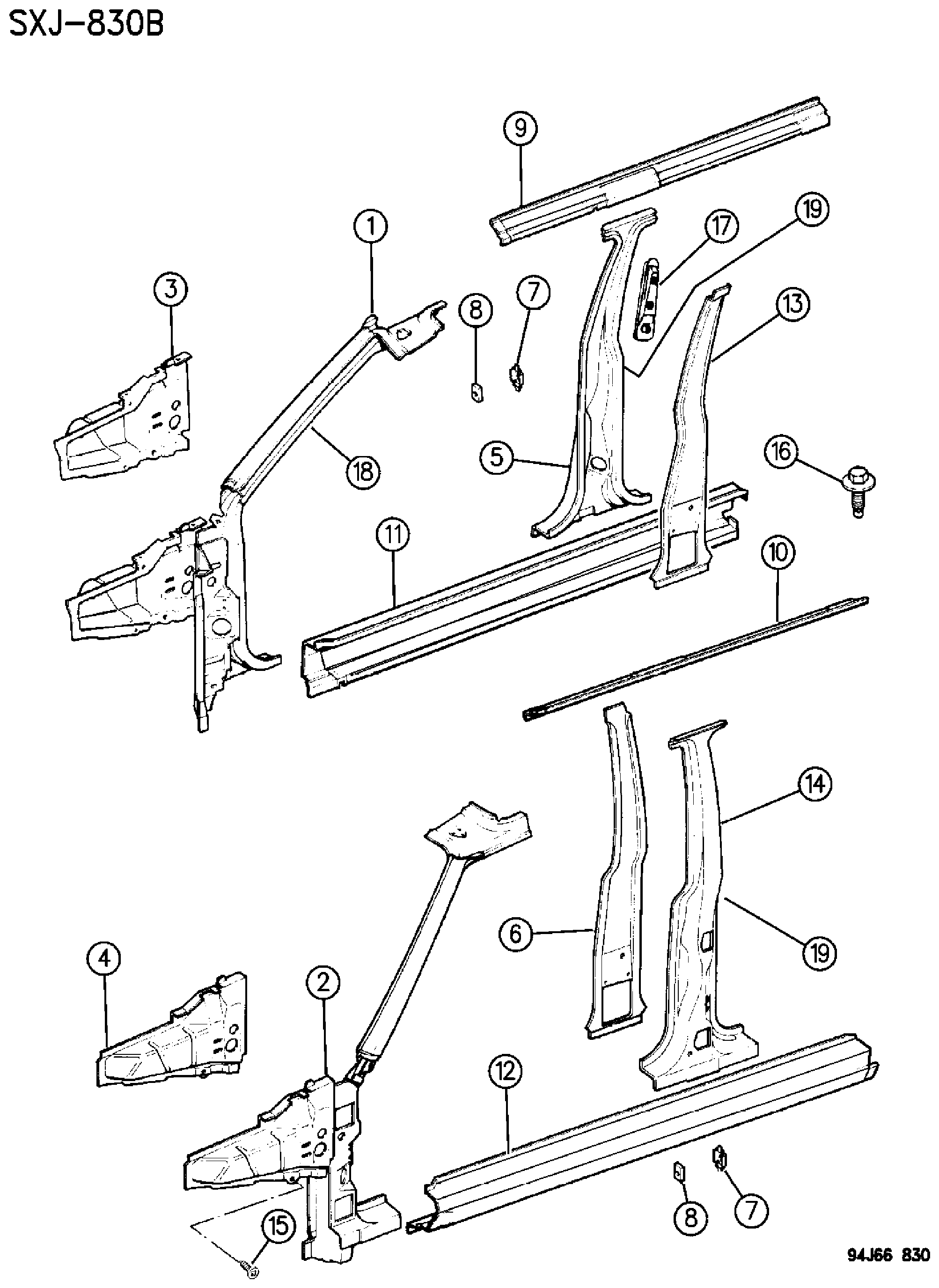 Exploded view: PANELS, BODY SIDE CHEROKEE, XJ, 4 DOOR