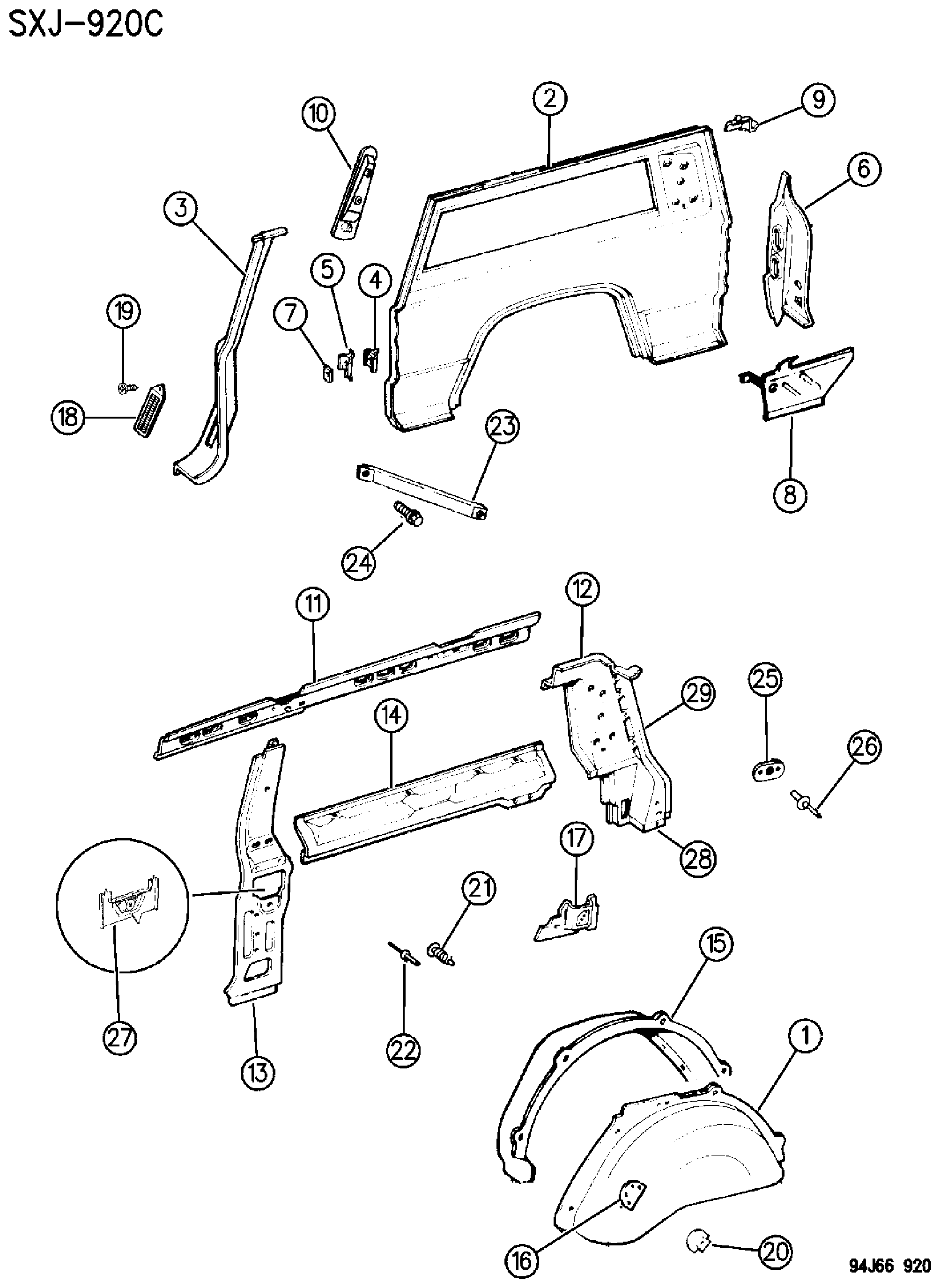 Exploded view: PANELS, REAR QUARTER CHEROKEE XJ, 2 DOOR