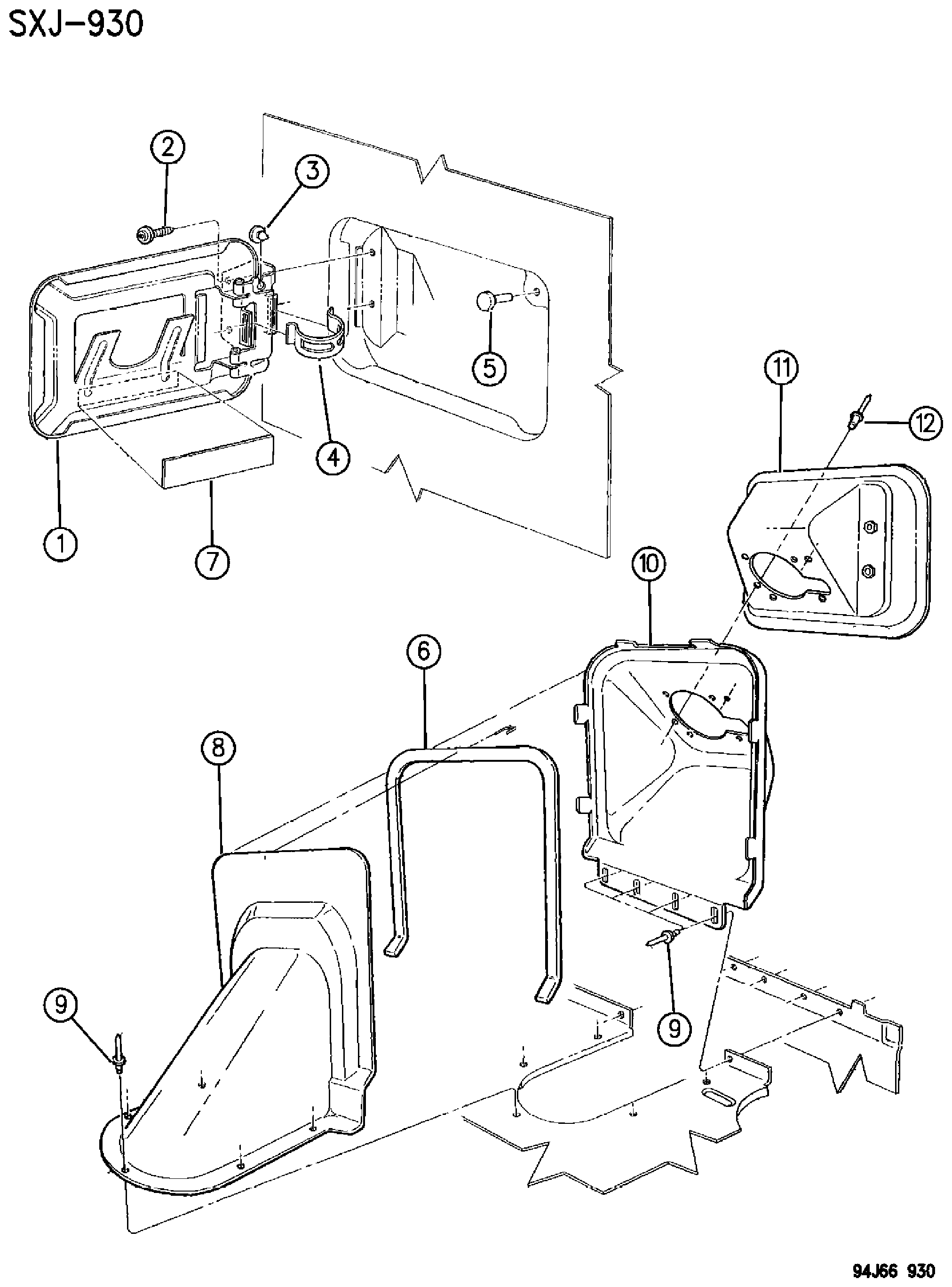 Exploded view: FUEL FILLER HOUSING & DOOR CHEROKEE XJ