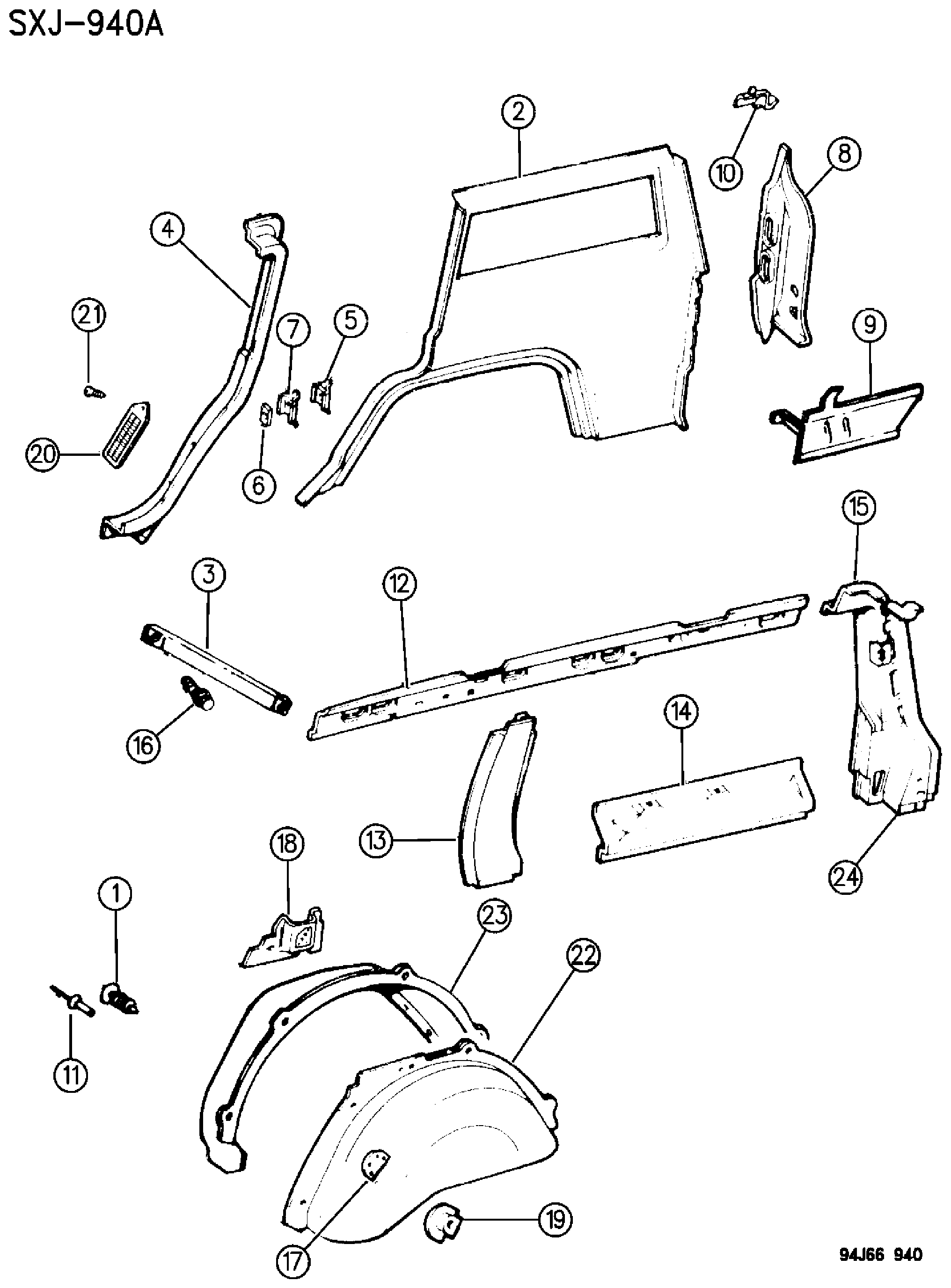 Exploded view: PANELS, REAR QUARTER CHEROKEE, 4 DOOR, XJ