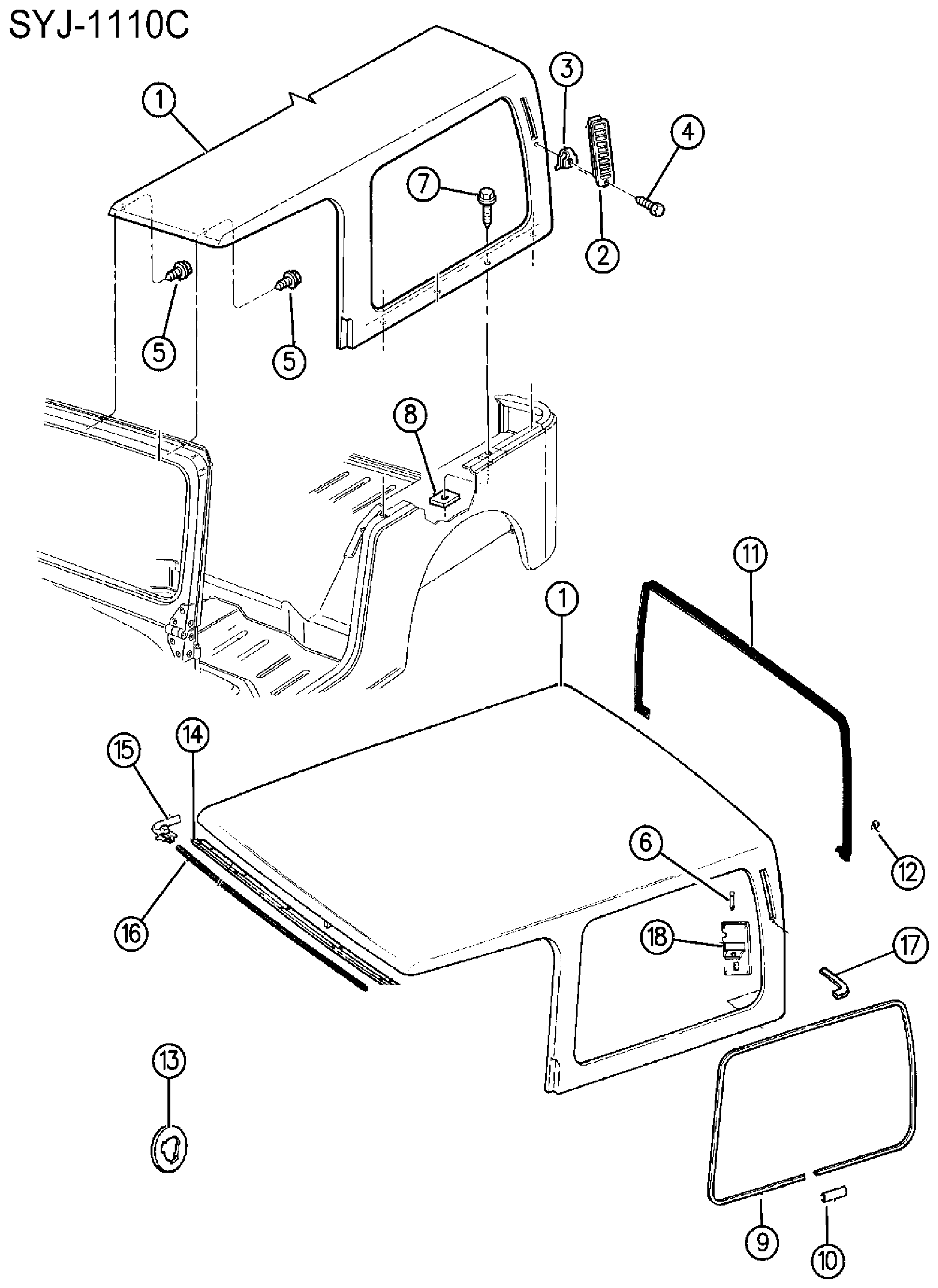 Exploded view: TOP ENCLOSURE, HARD WRANGLER, YJ