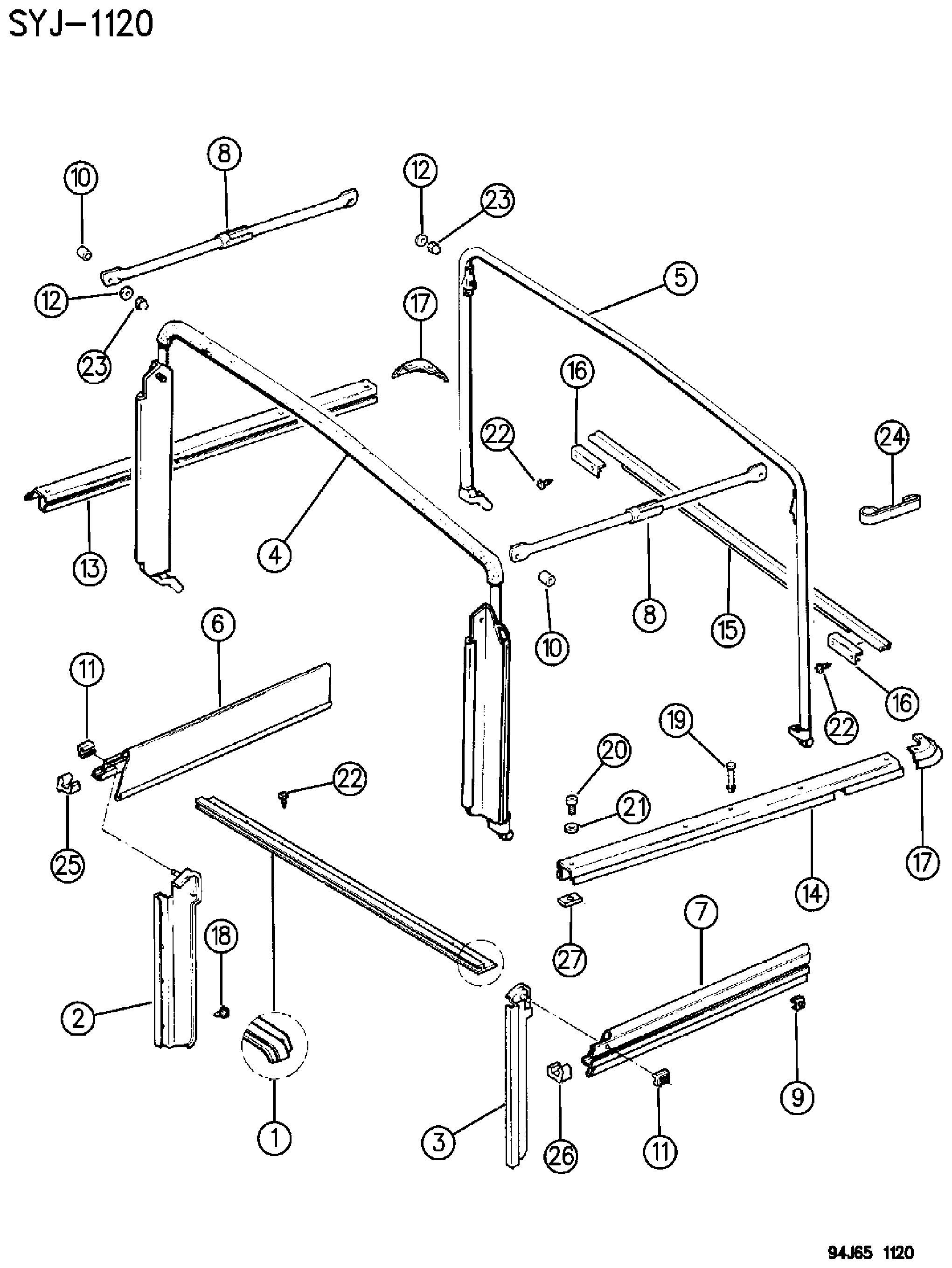 Exploded view: SOFT TOP HARDWARE WITH HALF DOORS WRANGLER, YJ