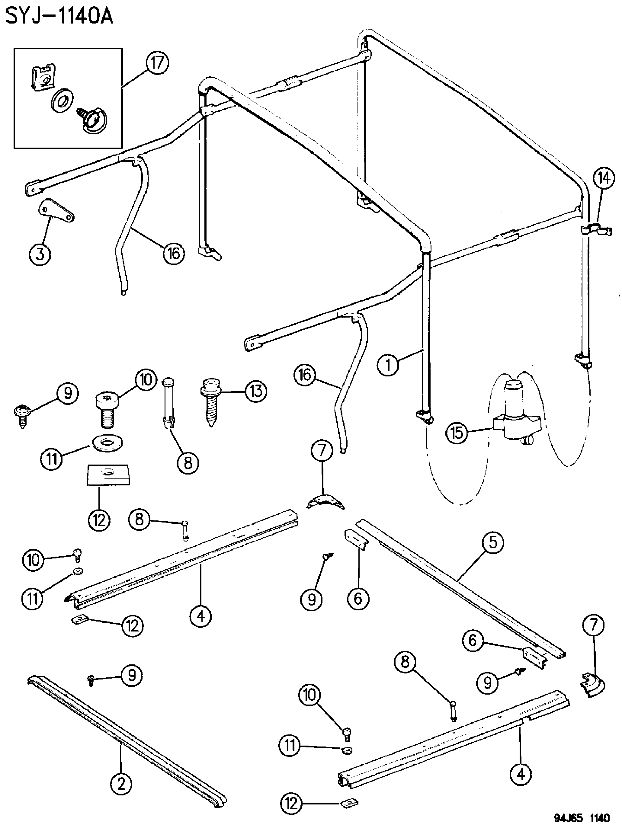 Exploded view: SOFT TOP HARDWARE WITH FULL HARD DOORS WRANGLER, YJ