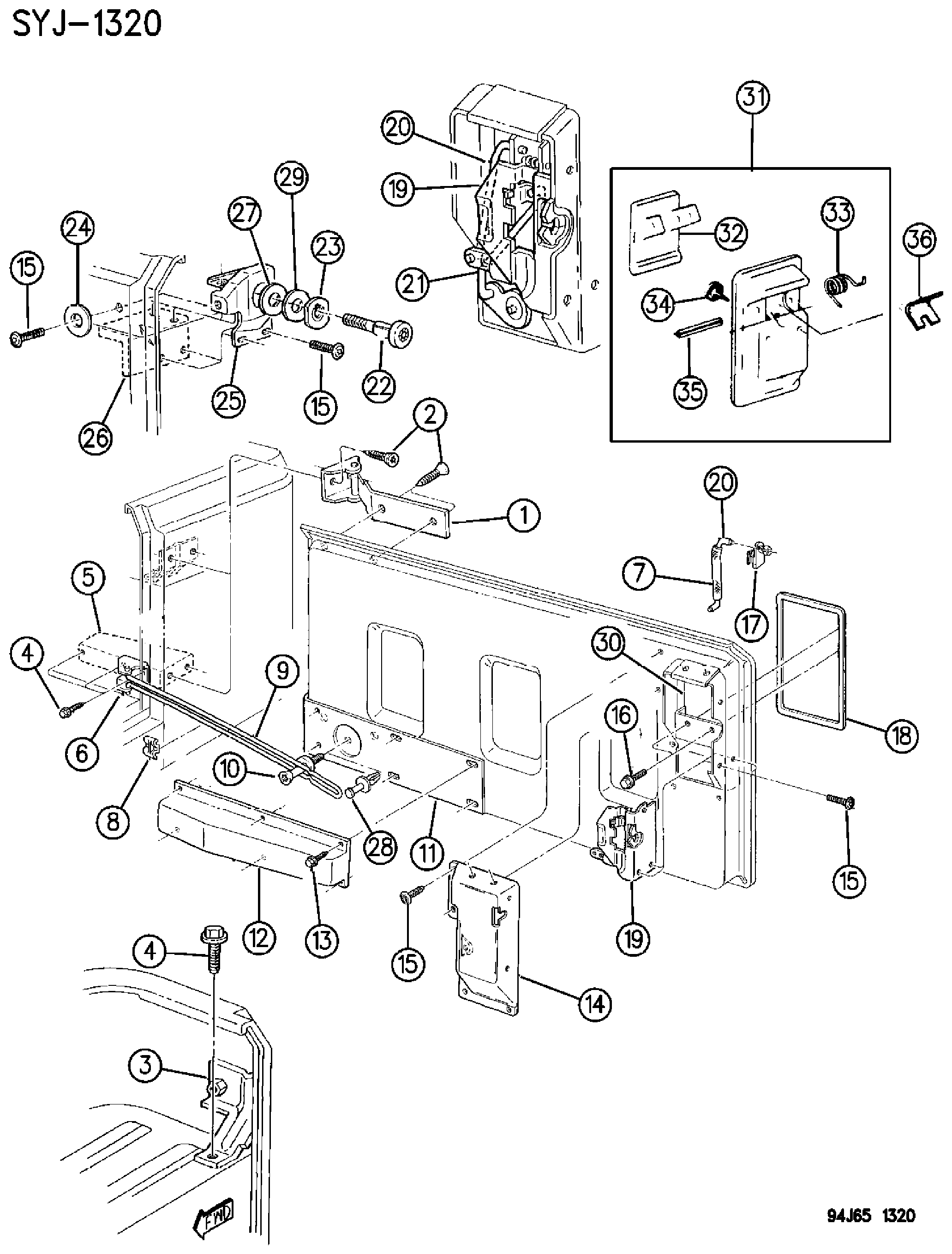 Exploded view: HINGES, TAILGATE WRANGLER, YJ