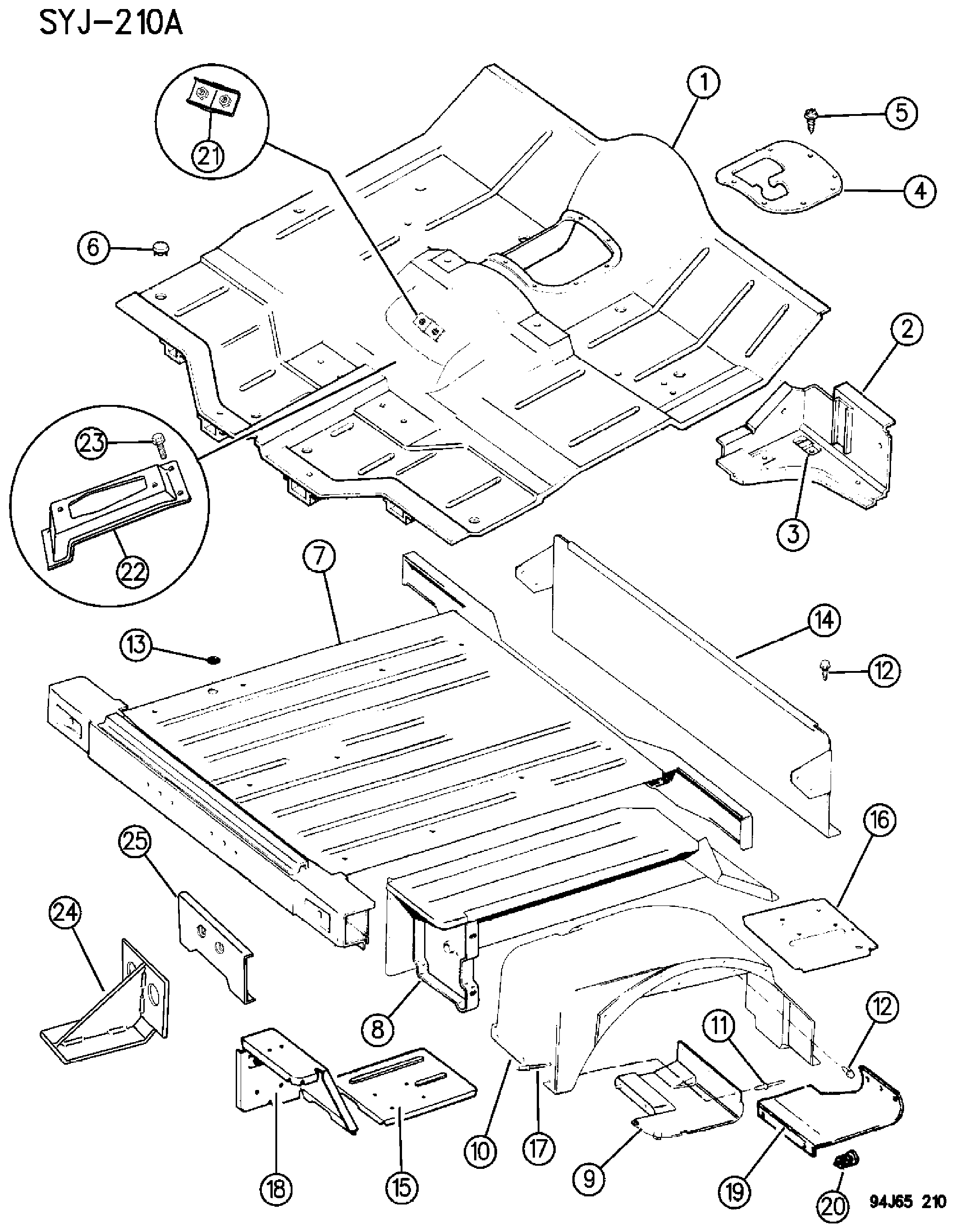 Exploded view: PAN, FLOOR FRONT AND REAR WRANGLER, YJ