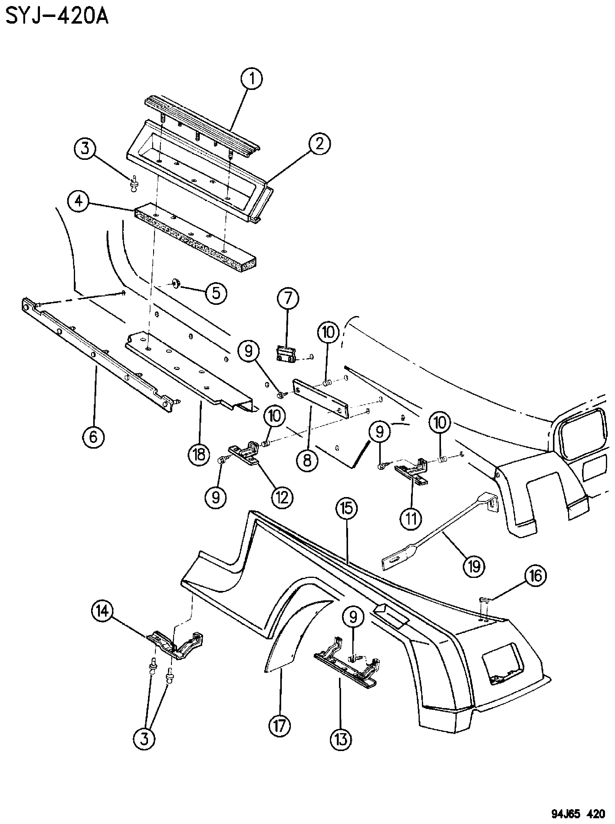 Exploded view: FRONT FENDER & ROCKER PANEL RENEGADE YJ - 1994