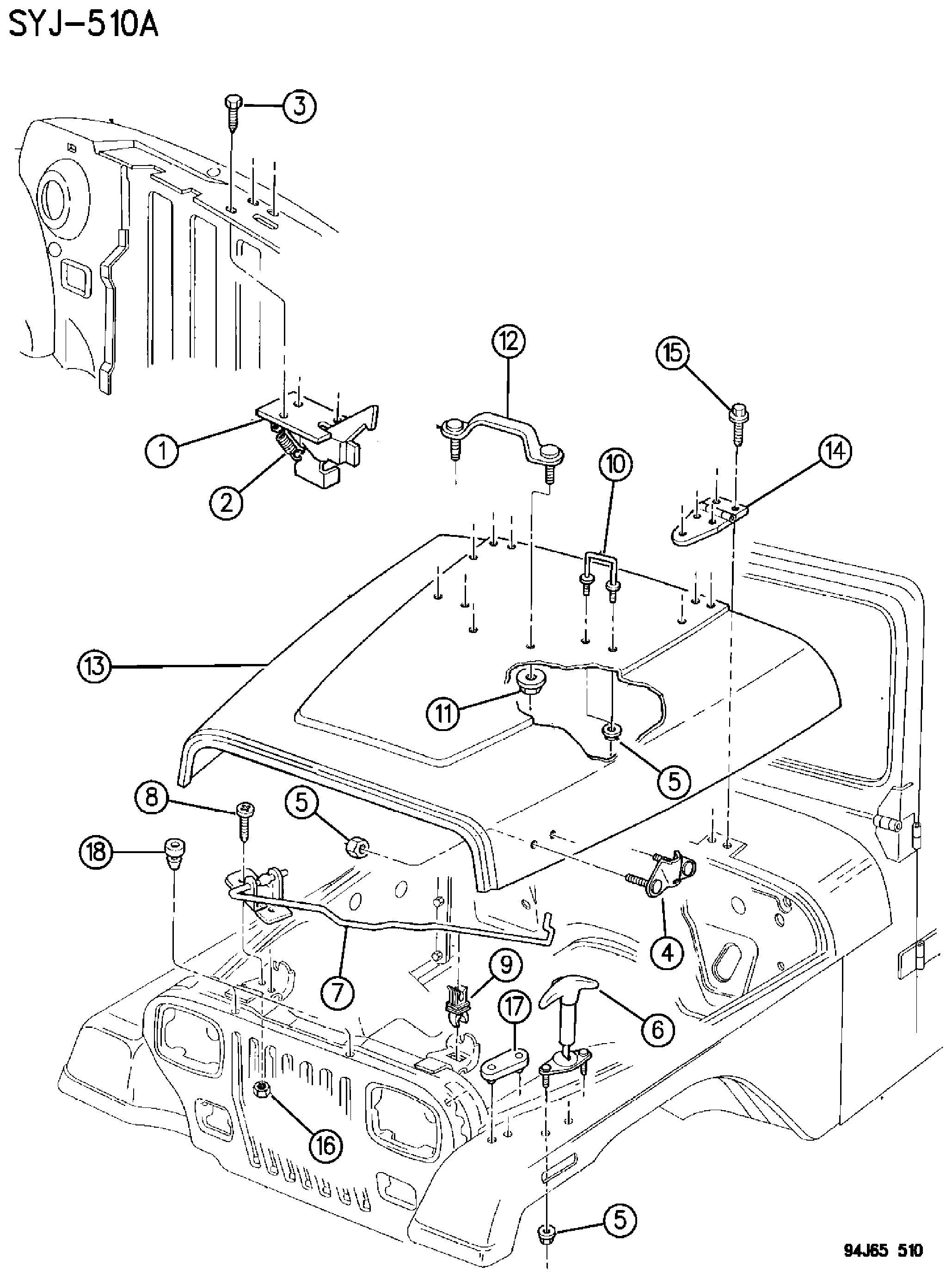 Exploded view: HOOD, LOCK AND CATCHES WRANGLER, YJ
