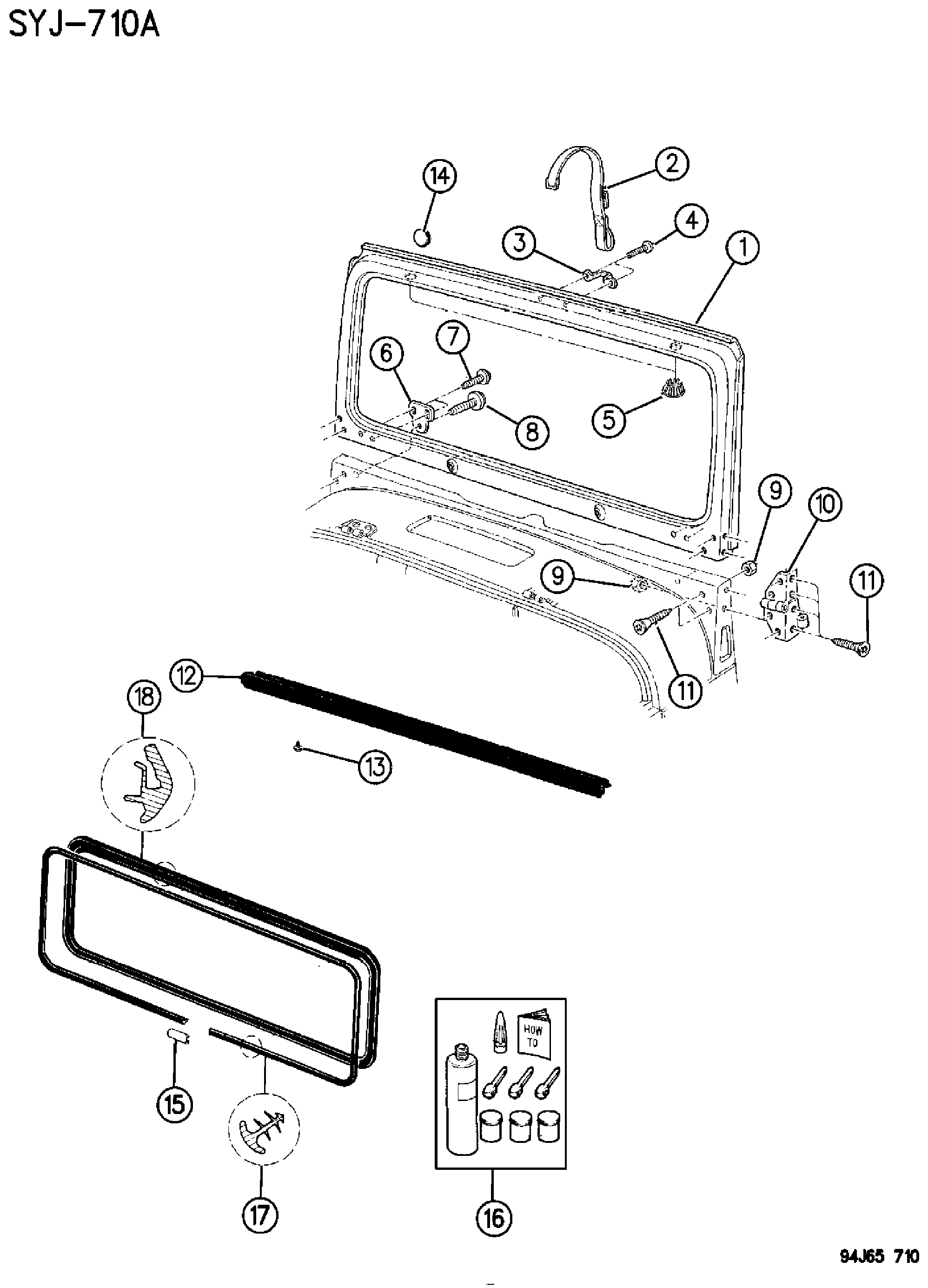 Exploded view: WINDSHIELD FRAME, HINGES, AND SEALS WRANGLER, YJ